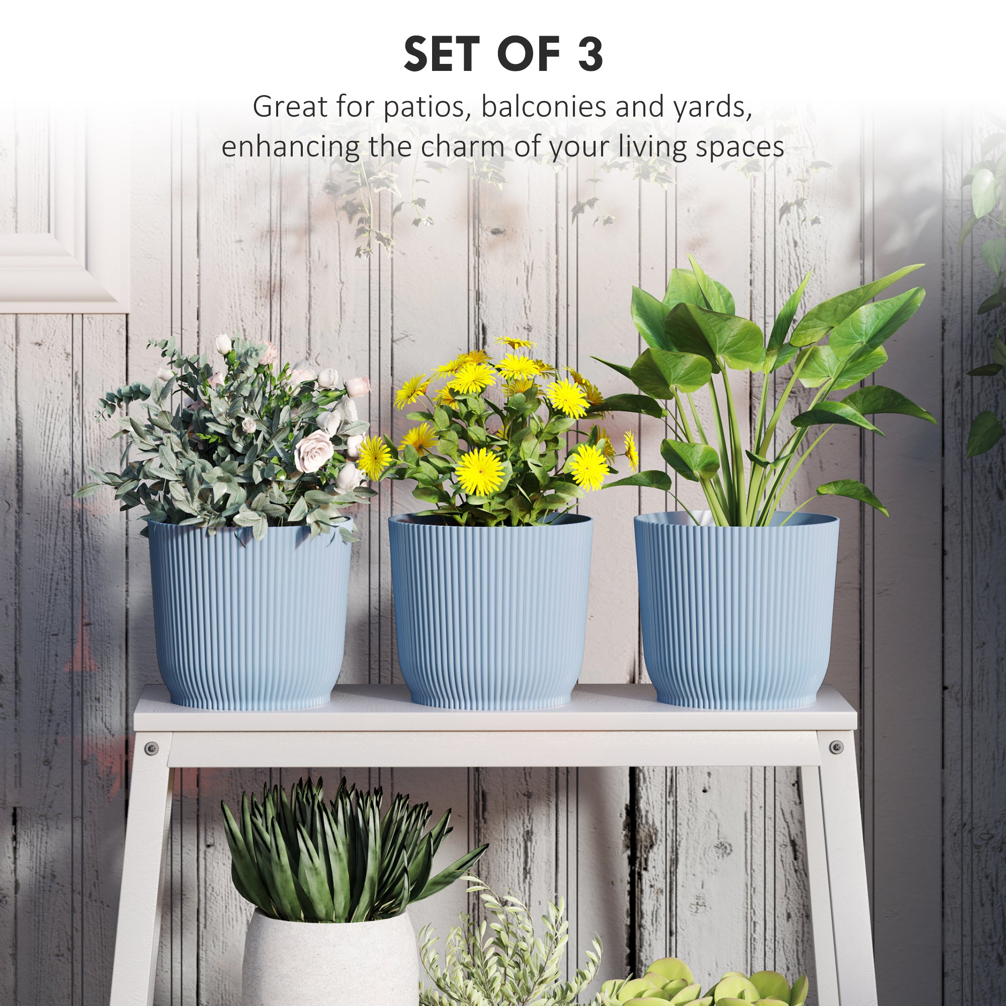 Outsunny Set of Three Ф22cm Planters - Blue - North Peak Garden Furniture