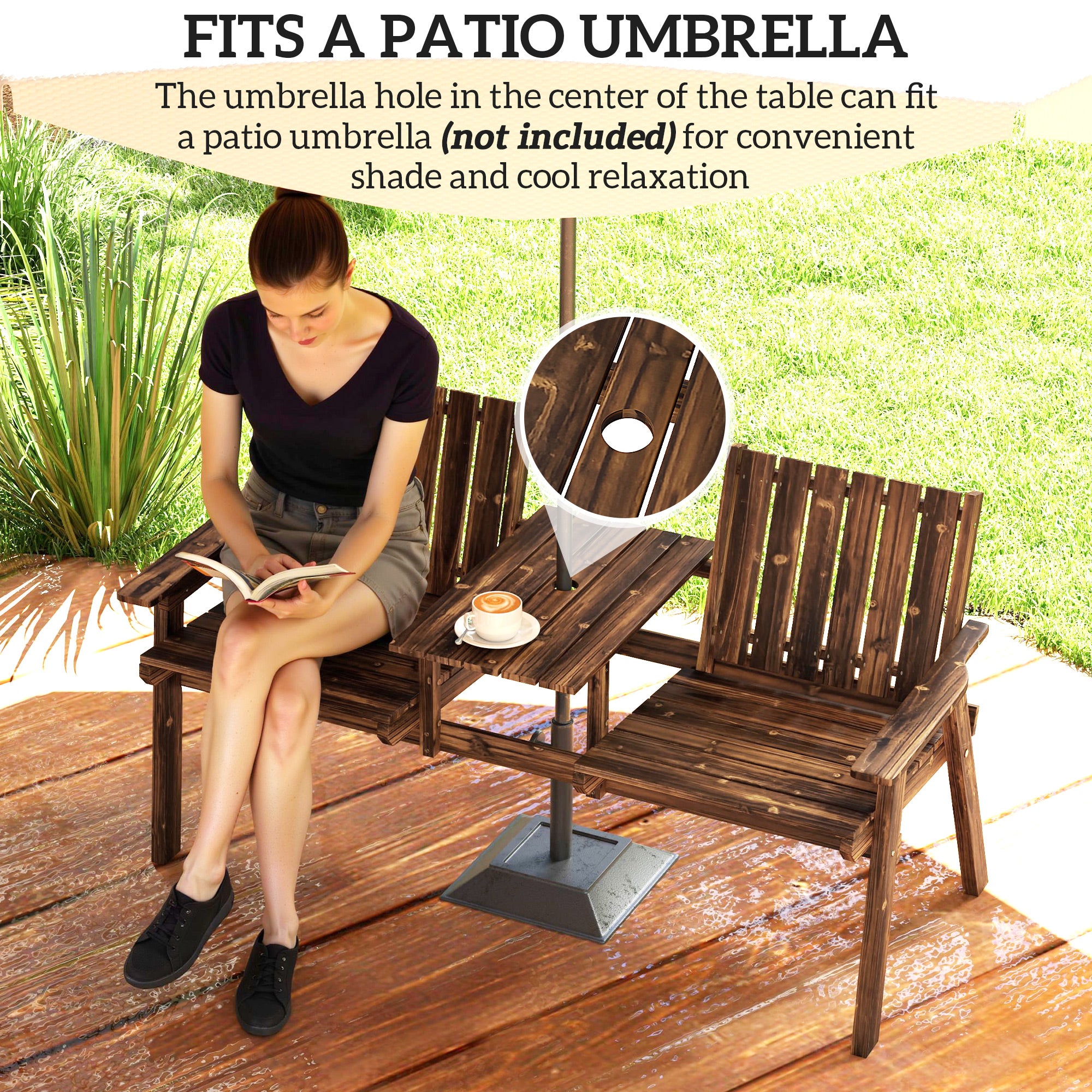 Outsunny 2-Seater Garden Bench with Table & Parasol Hole, Antique Loveseat for Porch, Patio, Carbonised Finish - North Peak Garden Furniture