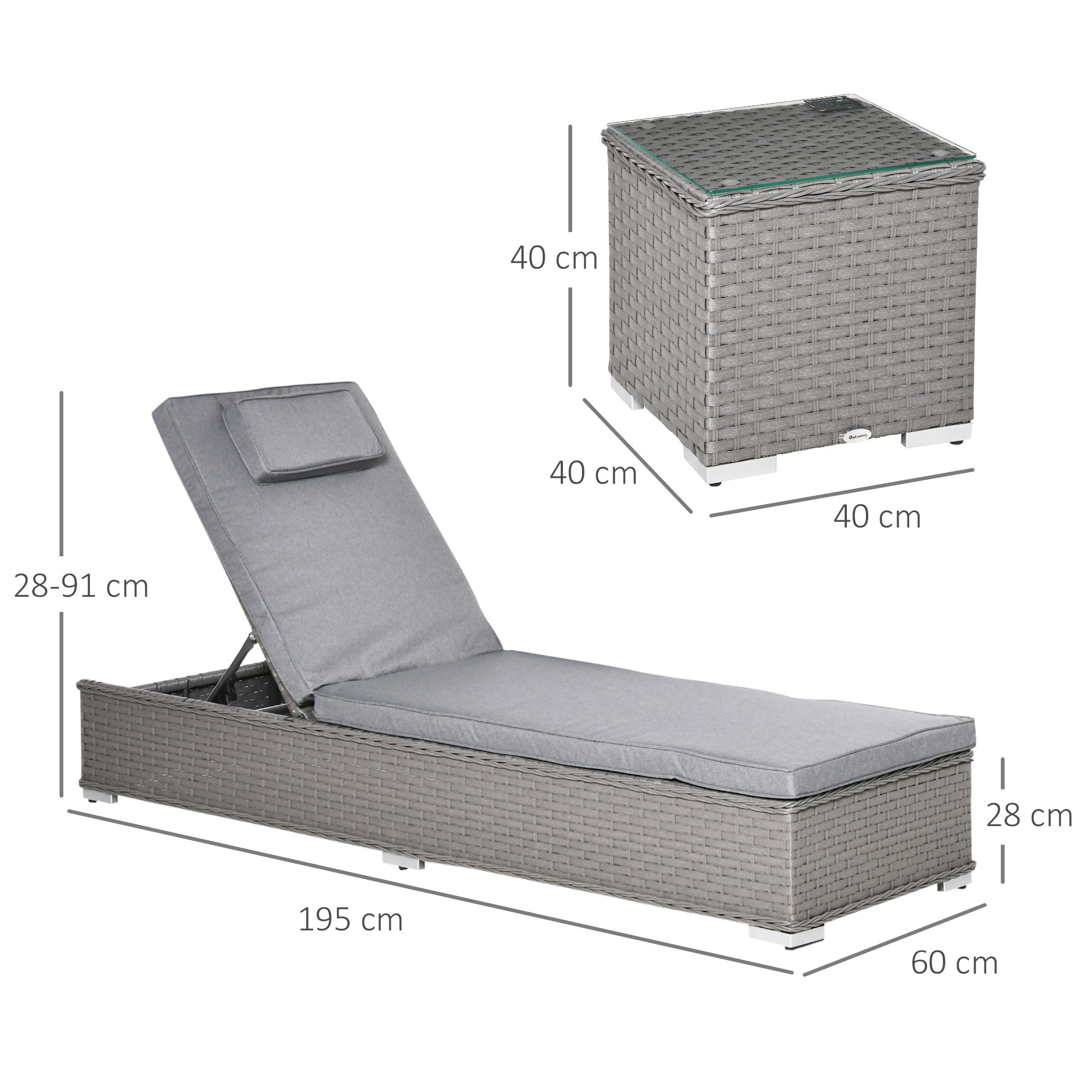 Outsunny 3PC Rattan Sun Lounger, Garden Furniture with Side Table, 5-Position Adjustable Recline Chair, Grey - North Peak Garden Furniture