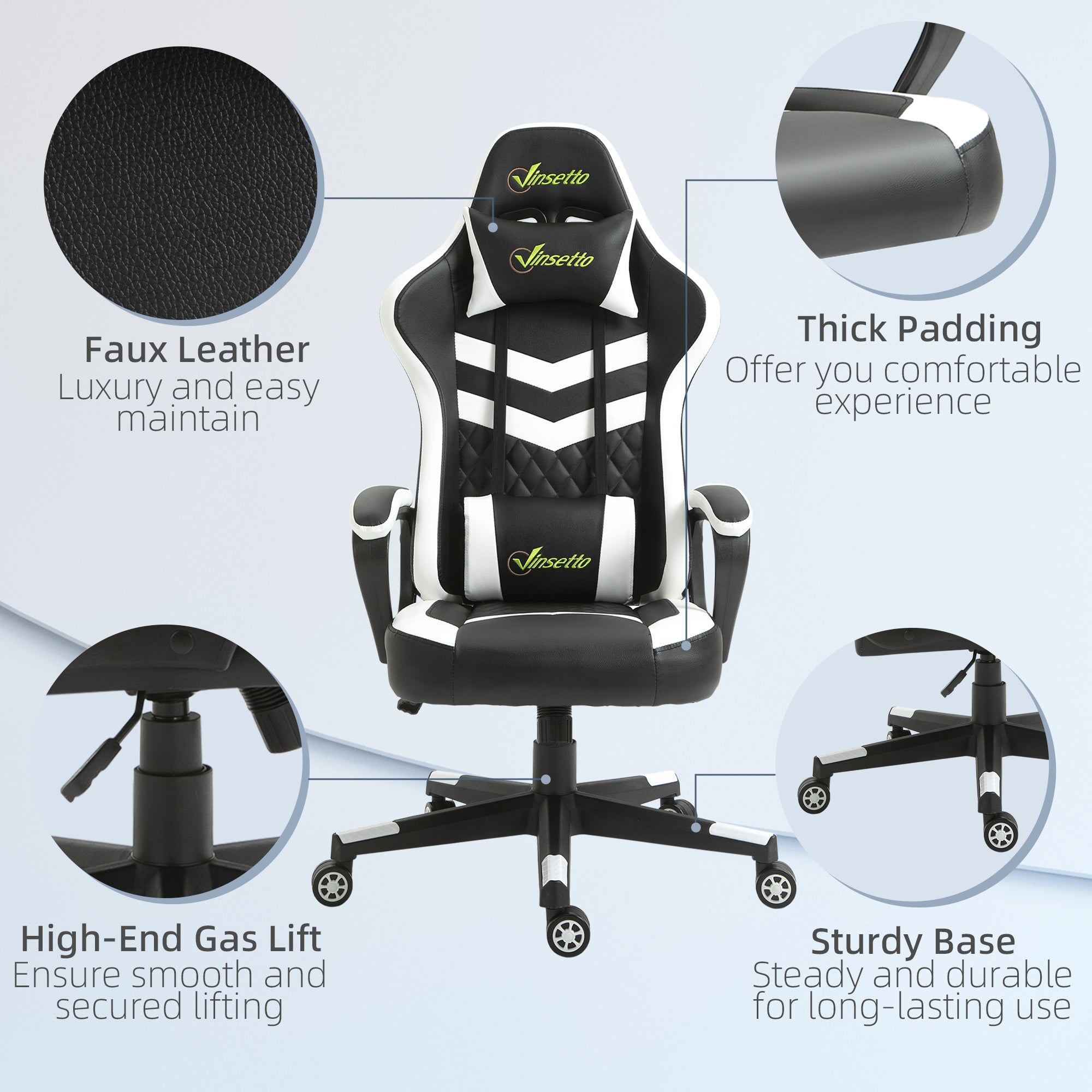 Vinsetto Gaming Chair, Computer Desk Chair with Lumbar Support, Faux Leather Racing Chair with Headrest and Swivel Wheels for Home Office, Black White - North Peak Garden Furniture