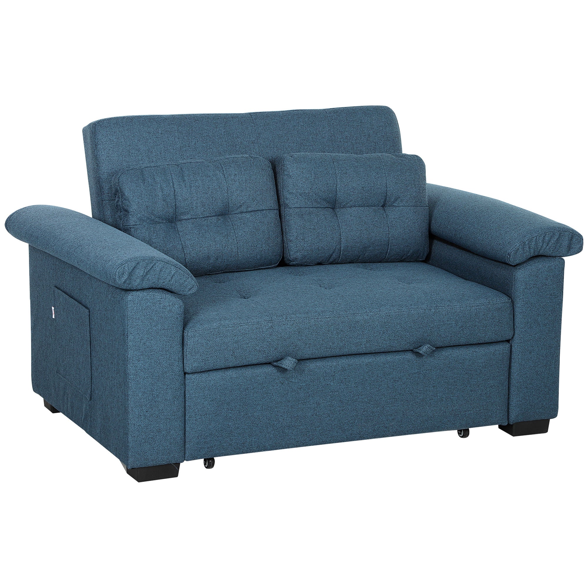 HOMCOM Pull Out Sofa Bed with 2 Pocket Springs, Fabric 2 Seater Click Clack Sofa Bed Settee, Convertible Sofa Couch with Pillows and Side Pockets for Living Room, Home Office, Blue - North Peak Garden Furniture