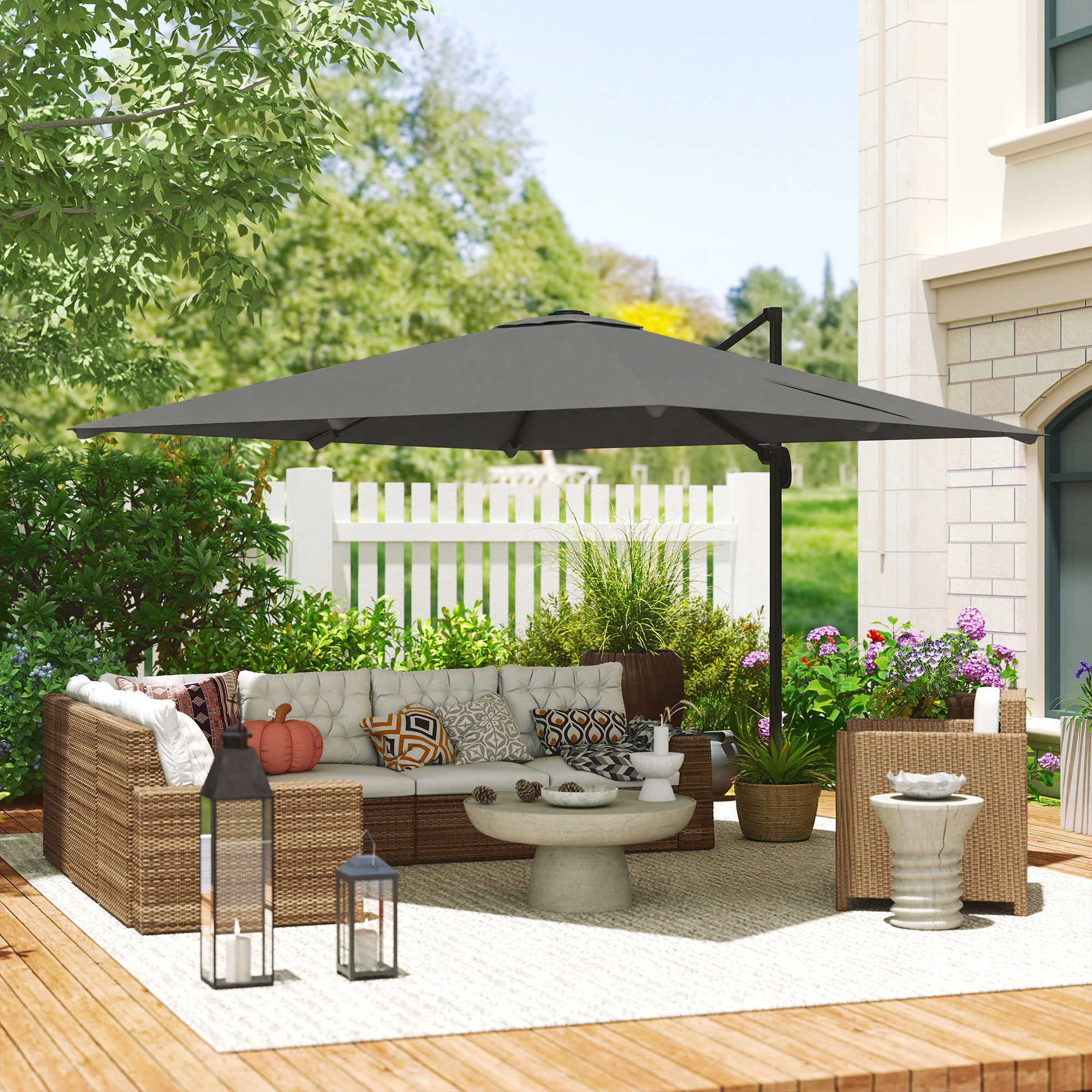 Outsunny 3 x 3 m Cantilever Parasol, Square Patio Umbrella with Crank Handle, Cross Base, Tilt, 360° Rotation, Dark Grey