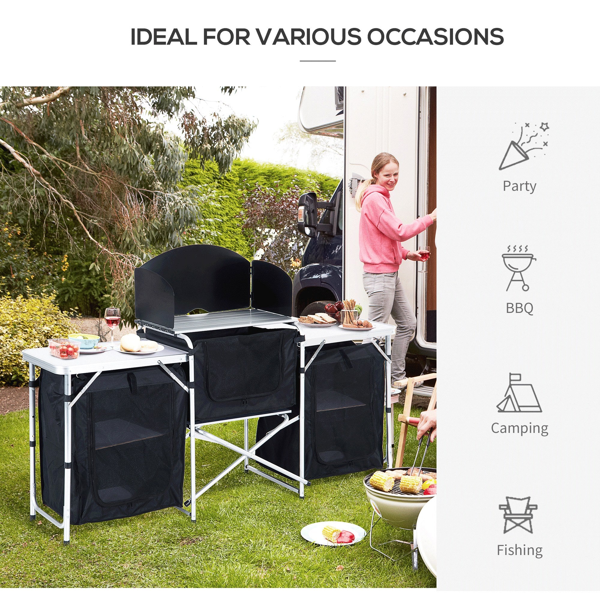 Outsunny Portable Folding Camping Kitchen Table with Windscreen, Storage Cupboards, Aluminium Frame for BBQs, Parties, Picnics | Aosom UK