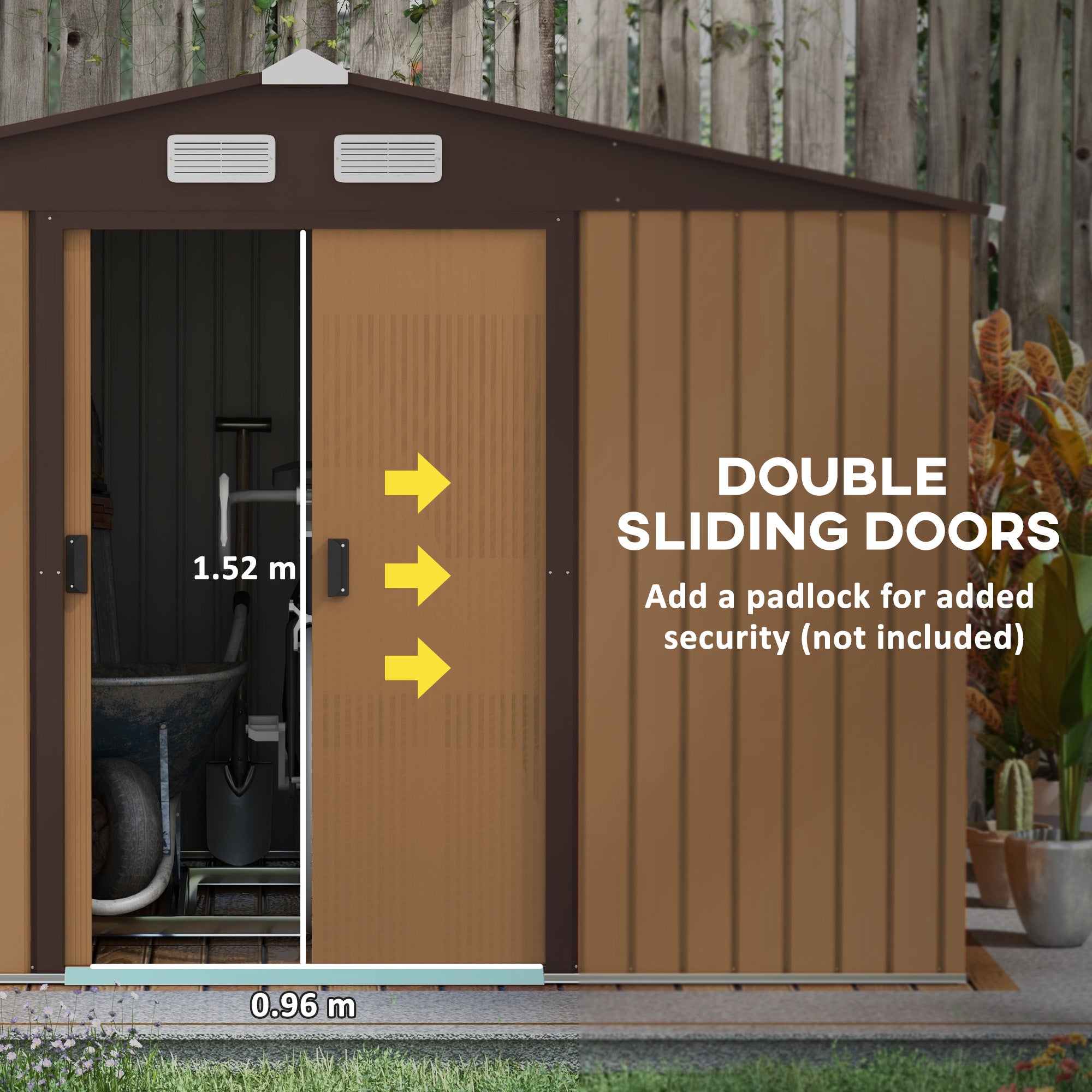 Outsunny 9 x 6ft Metal Garden Shed, Outdoor Storage Tool House with Ventilation Slots, Foundation Kit and Lockable Double Doors, Yellow - North Peak Garden Furniture