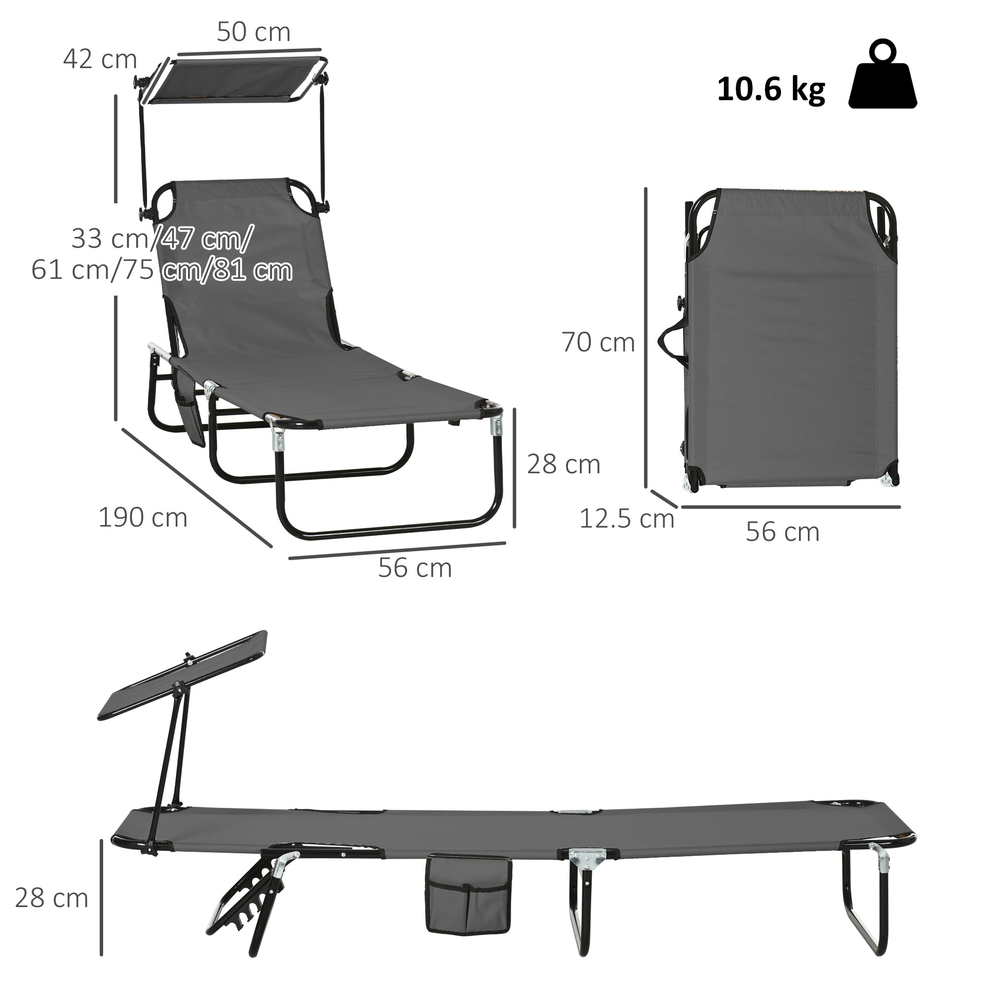 Outsunny Set of Two Folding Sun Loungers, with Adjustable Backs and Sun Canopies - Grey