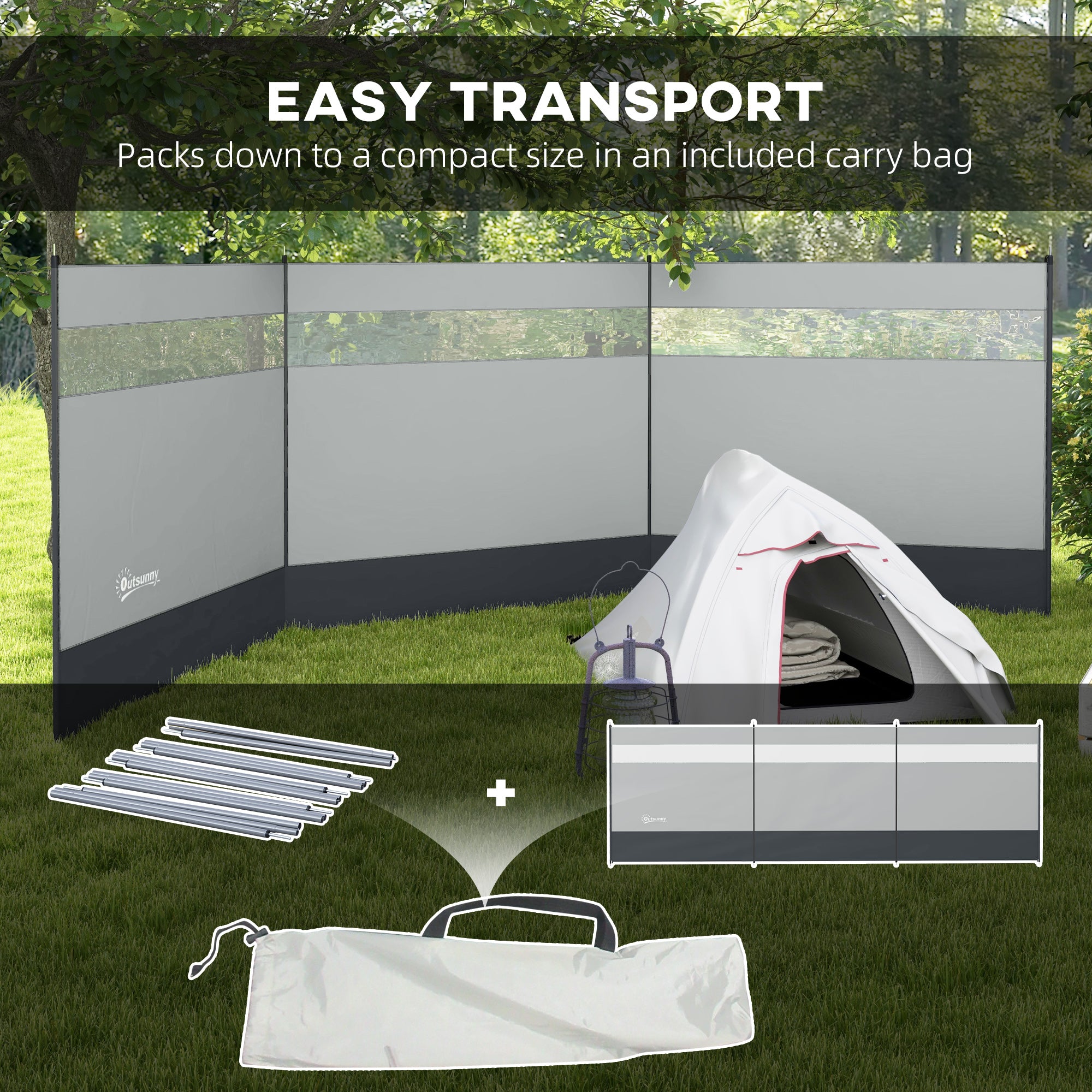 Outsunny Camping Windbreaker with Clear Windows, Carry Bag and Steel Poles, for Beach Caravan Campervan, 440 x 140cm, Grey - North Peak Garden Furniture