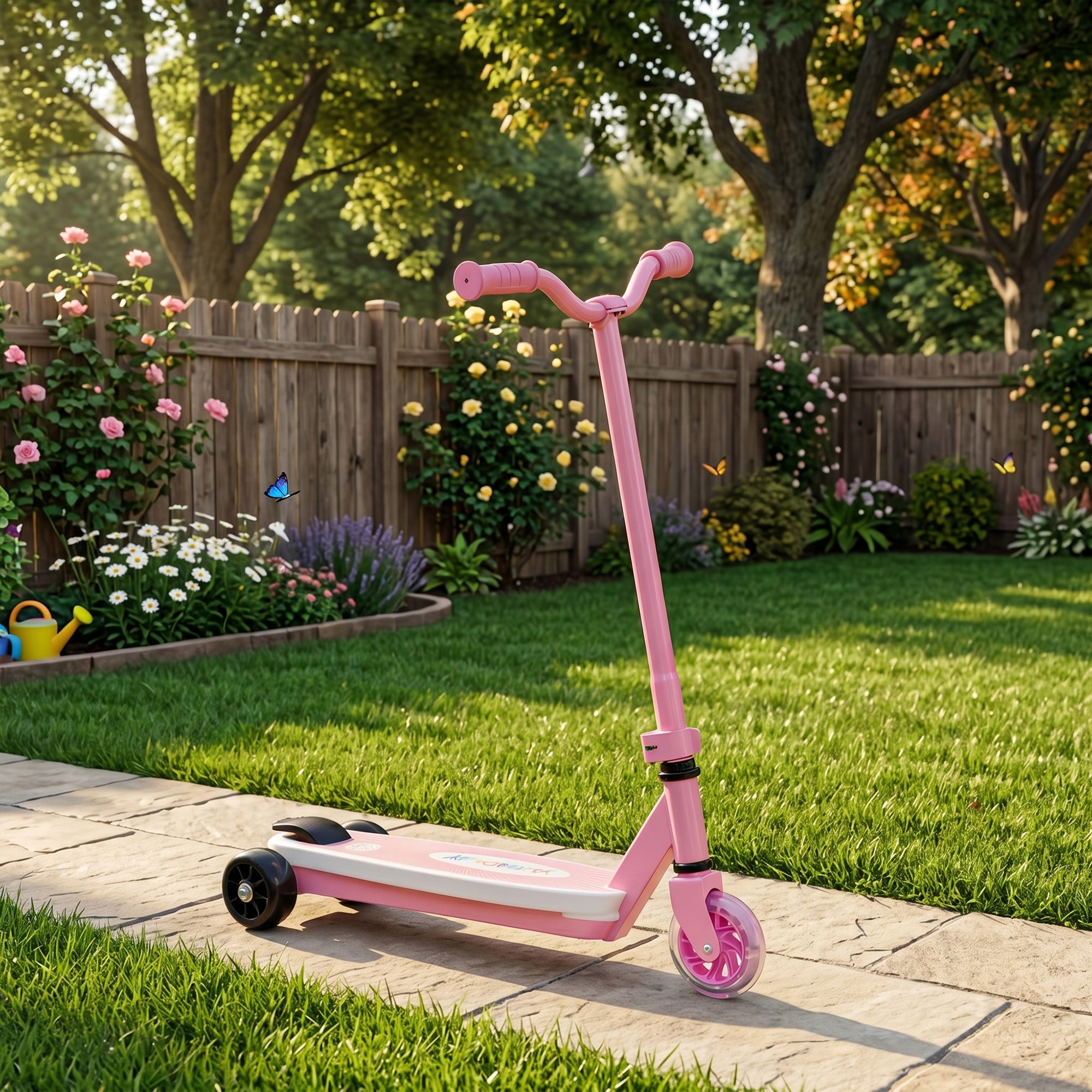 AIYAPLAY Electric Scooter for Kids Ages 4-7, with Auxiliary Rear Wheels, Flashing LED Light and Electric Brake, Kids Electric Scooter for Boys Girls, 6 KM/H & 8 KM, Pink