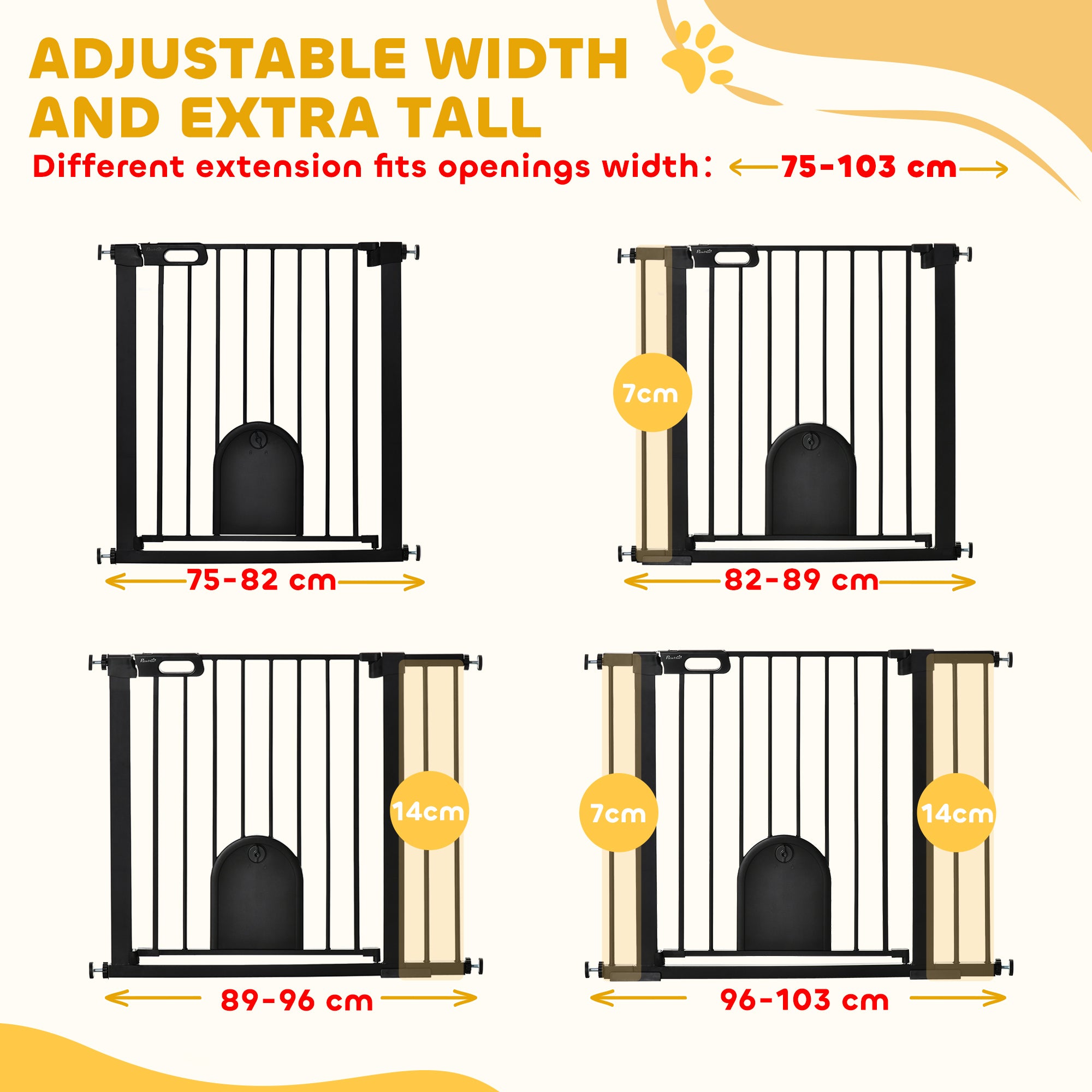 PawHut Dog Gate with Cat Flap Pet Safety Gate Barrier, Stair Pressure Fit, Auto Close, Double Locking, for Doorways, Hallways, 75-103 cm Black - North Peak Garden Furniture