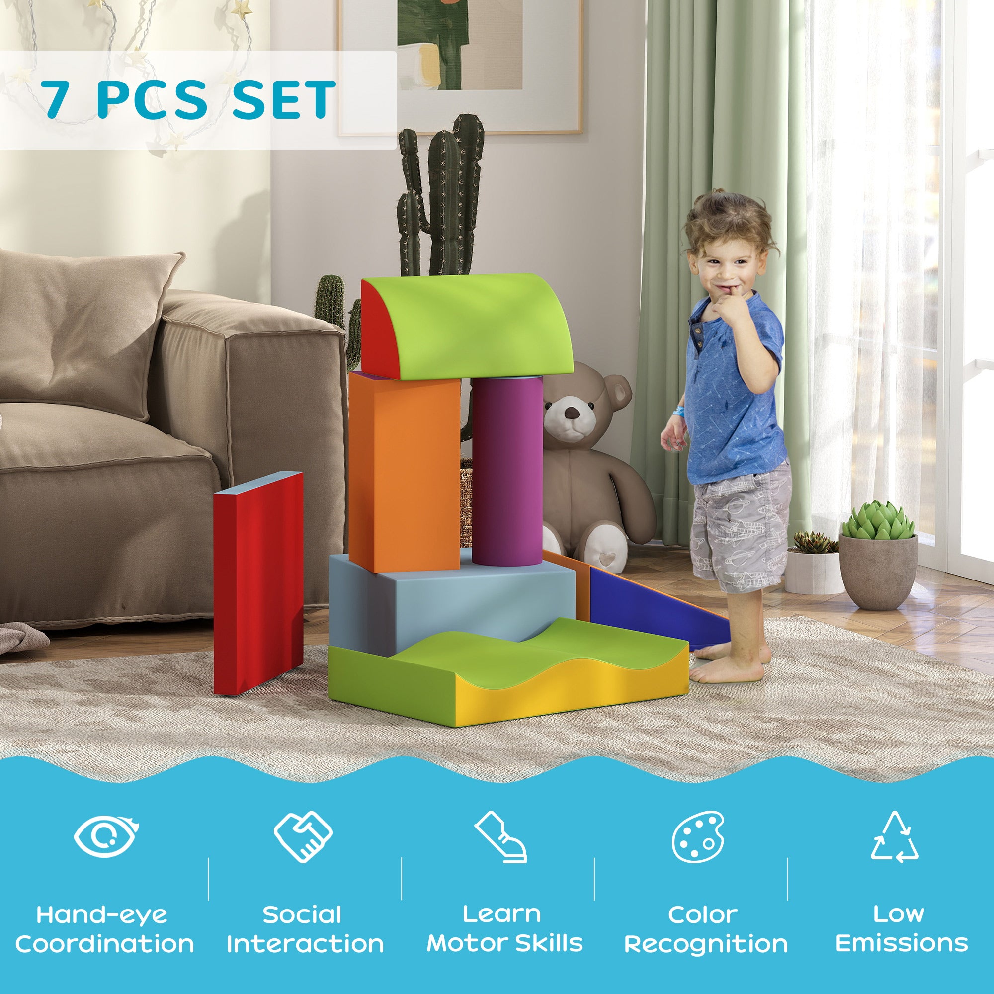 HOMCOM 7 Piece Soft Soft Play Set for Toddlers 1-3 Years, Blue - North Peak Garden Furniture