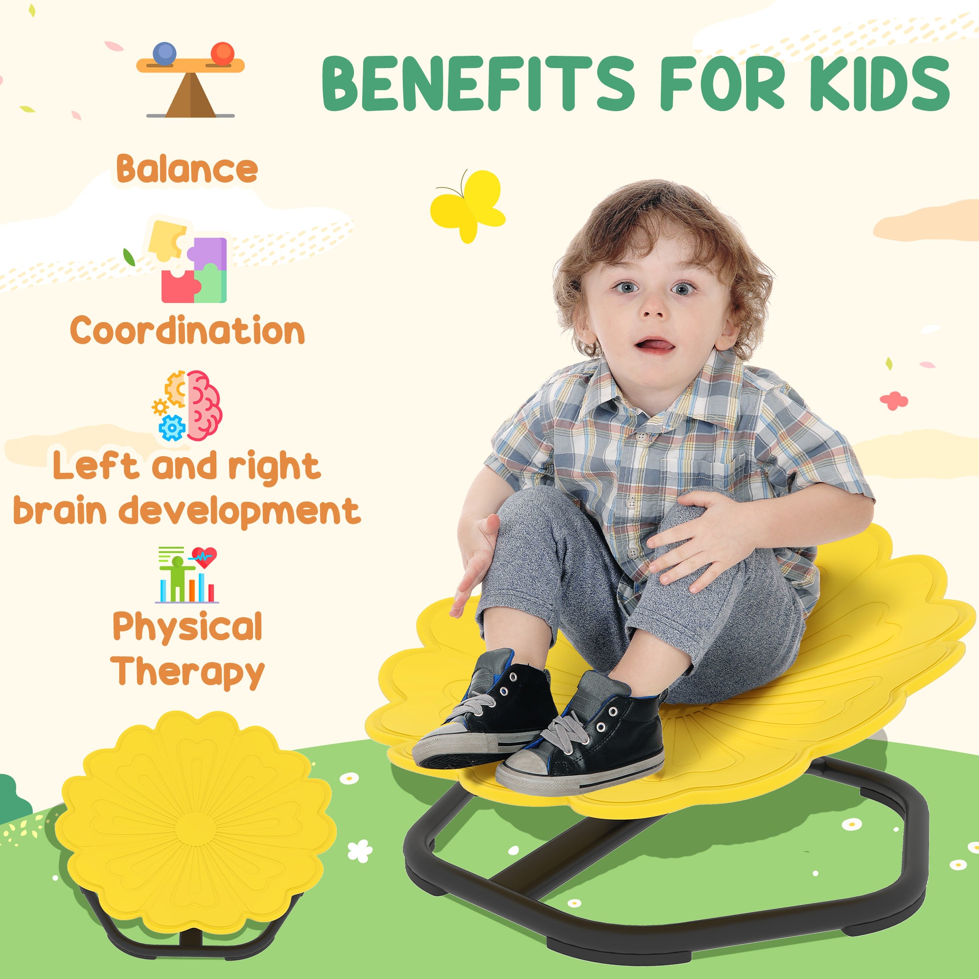 AIYAPLAY Flower-Shaped Sensory Spinning Chair with Non-Slip Base for Balance/Coordination, Yellow