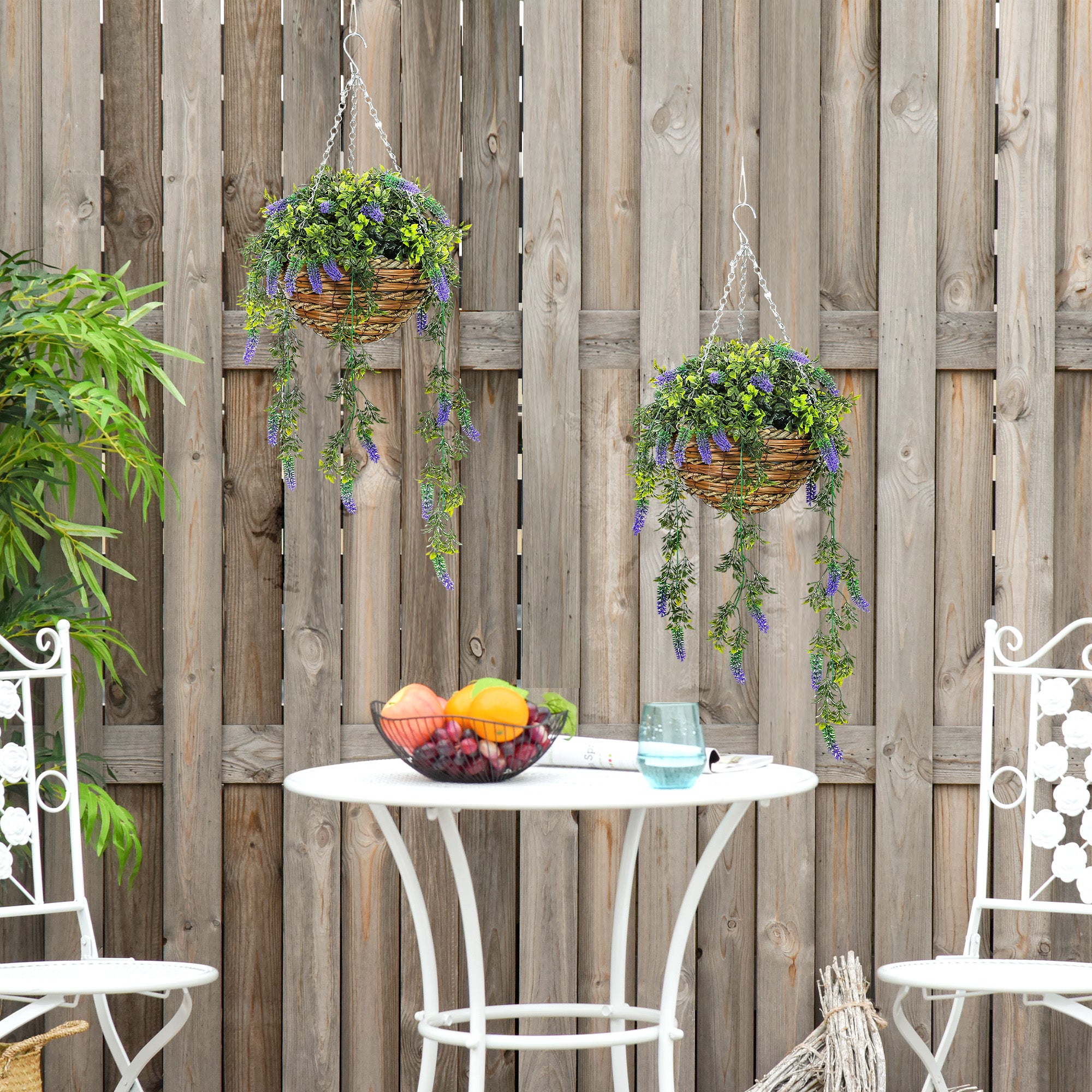 HOMCOM Set of 2 Decorative Artificial Plants, Faux Silk Lavender Flowers in Hanging Baskets, Fake Plants for Home Indoor Outdoor Decor, Purple - North Peak Garden Furniture