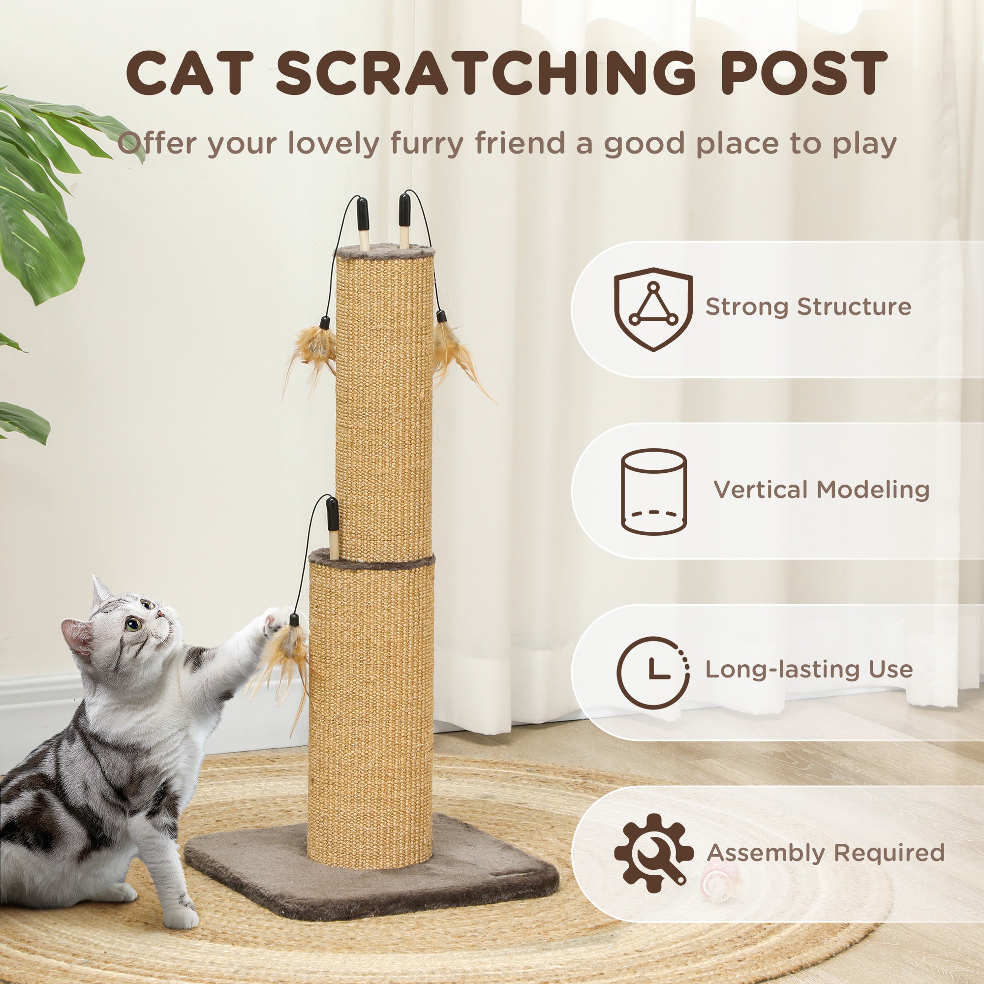 PawHut 78cm Tall 2 in 1 Cat Scratching Post with 3 Toy Feathers, Brown - North Peak Garden Furniture