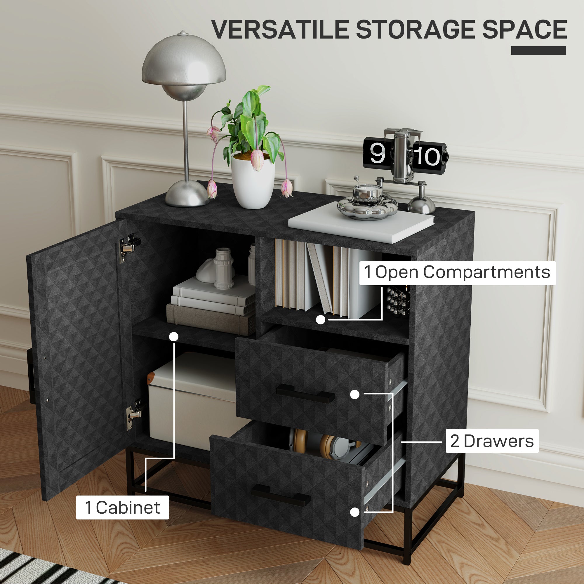 HOMCOM Sideboard with Adjustable Shelf, Freestanding Sideboard Storage Cabinet with Open Compartment and 2 Drawers, Black - North Peak Garden Furniture