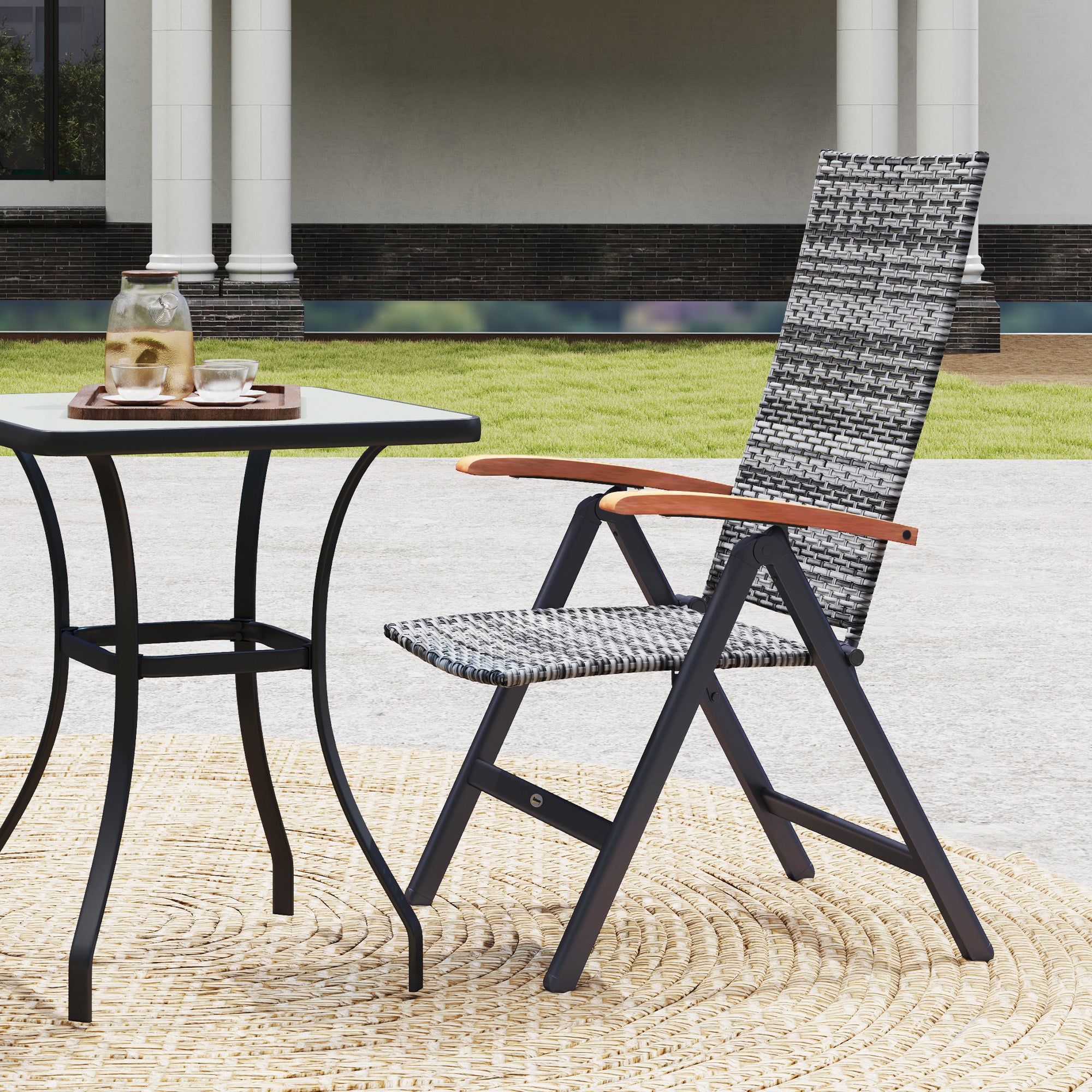 Outsunny Outdoor Folding Rattan Chair with Armrests, High Backrest, for Garden, Camping, Balcony, Porch - Light Grey - North Peak Garden Furniture