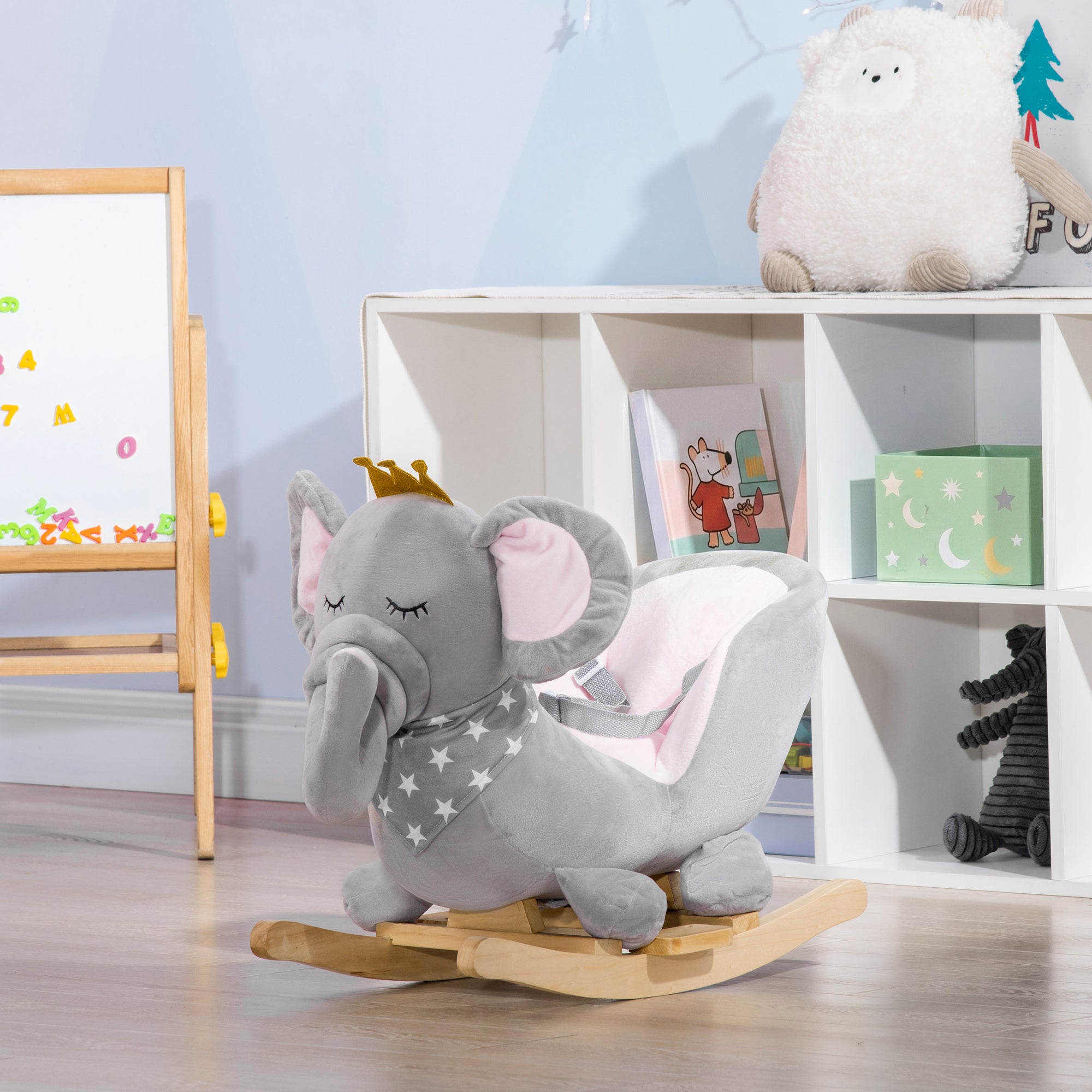 HOMCOM Kids Elephant-Designed Rocking Horse, with Safety Belt, Wooden Base, for Ages 18-36 Months - Grey