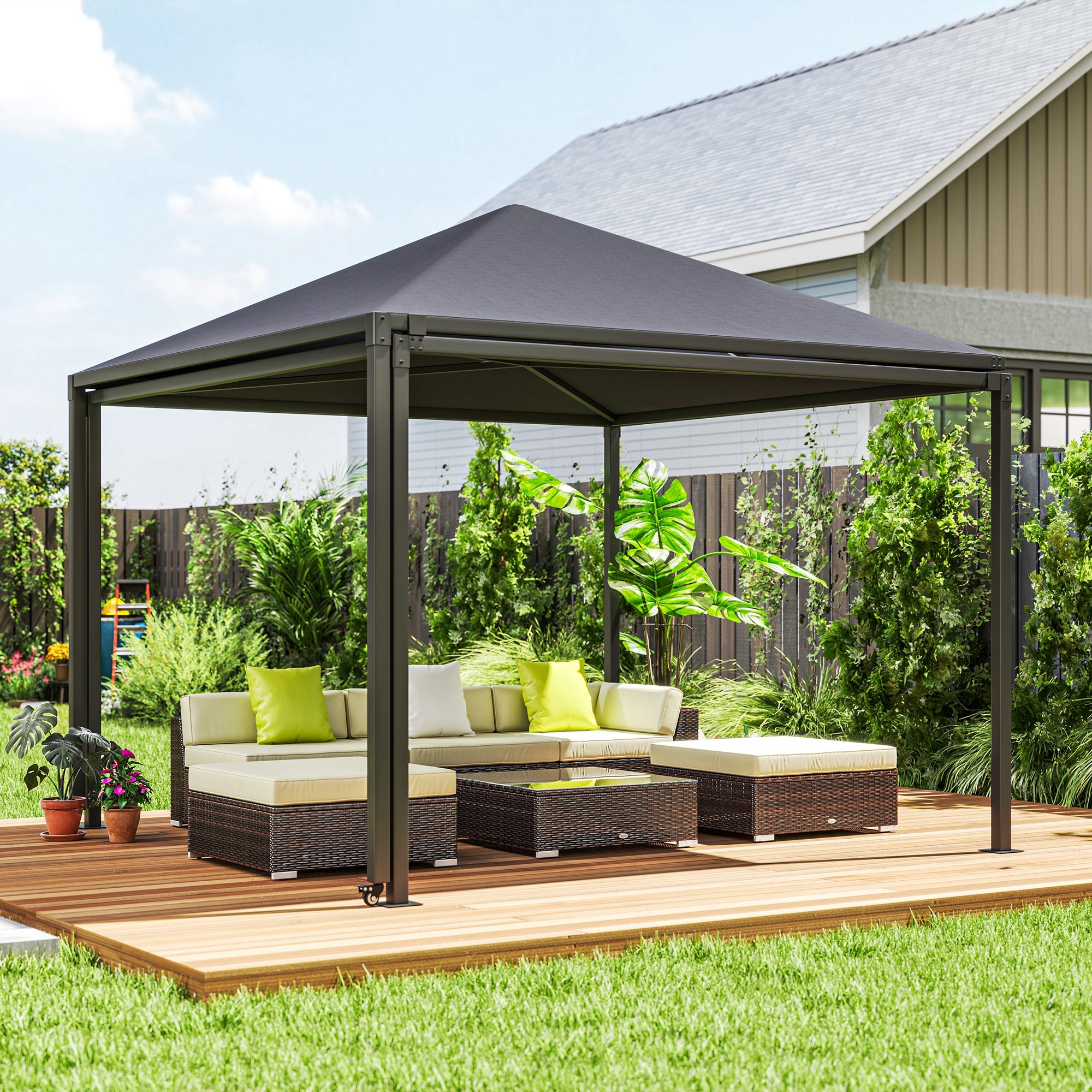 Outsunny 3 x 3 or 3 x 6m Garden Gazebo with Extendable Awning and Wheels, UPF30+ Outdoor Metal Gazebo Canopy Shelter for BBQ, Event, Party - North Peak Garden Furniture