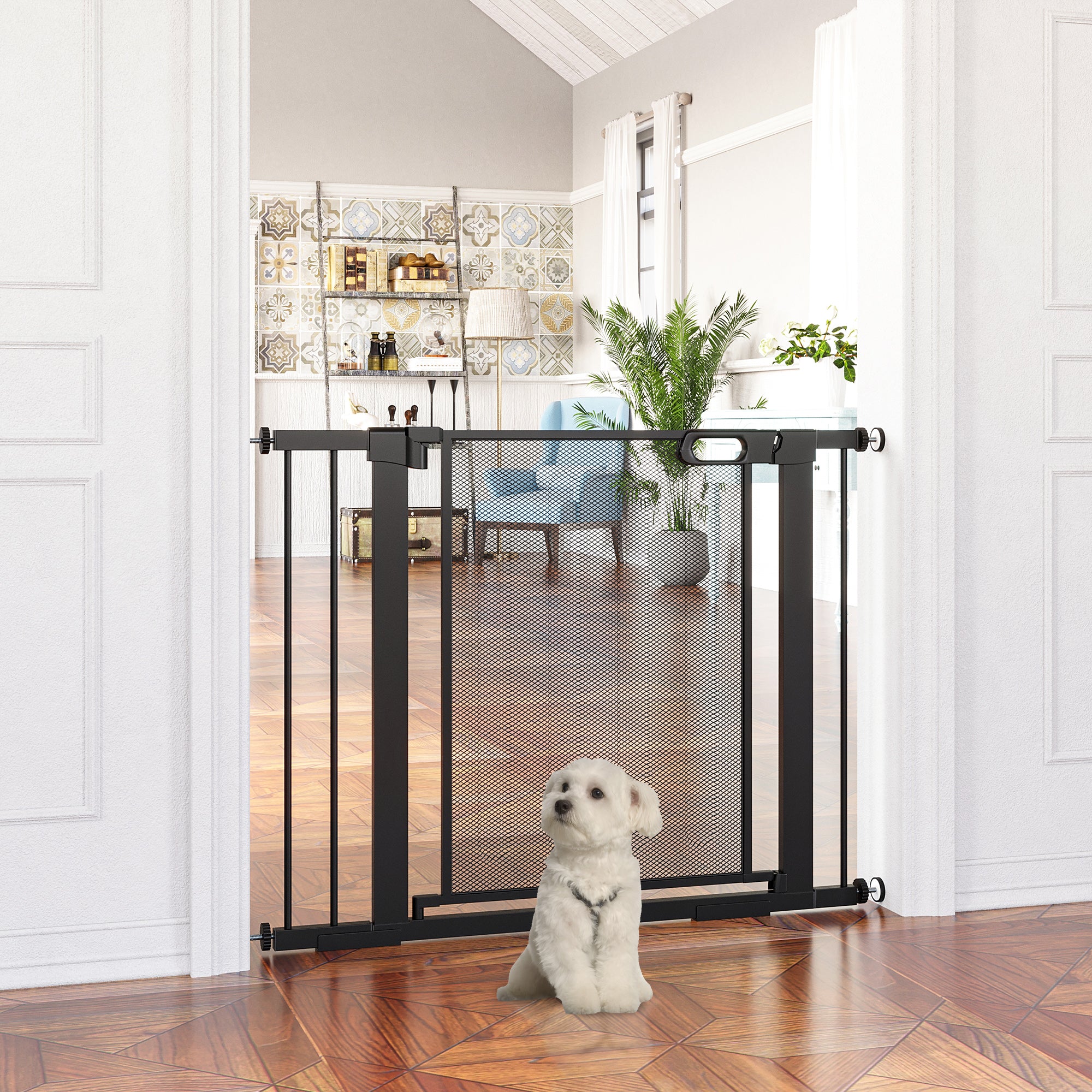 PawHut Pressure Fit Safety Gate, for Staircases, Hallways, Doorways w/ Extensions Kit, 75-103CM Adjustable Width - Black - North Peak Garden Furniture