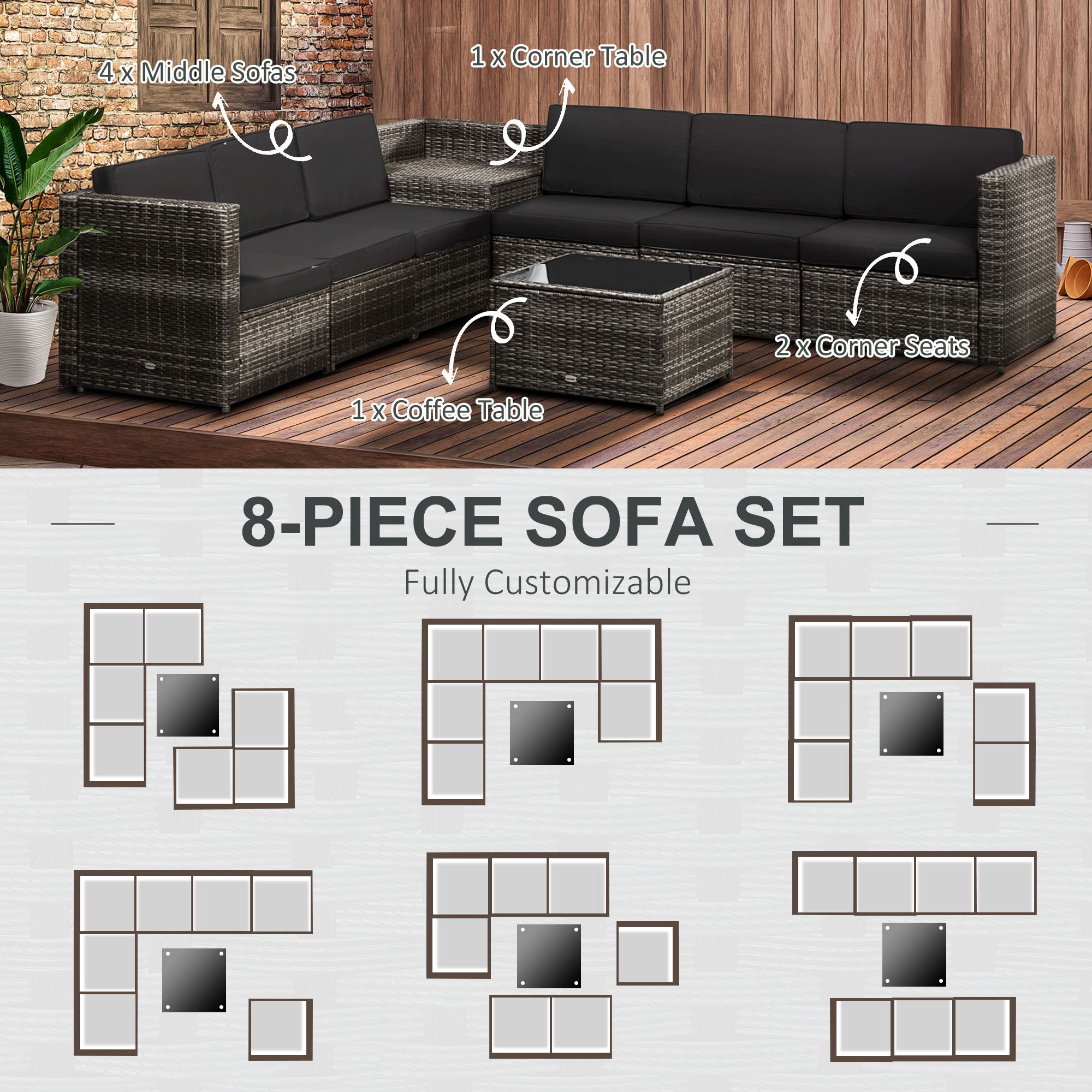 Outsunny 6-Seater Rattan Sofa Furniture Set W/ Cushions, Steel Frame-Grey - North Peak Garden Furniture