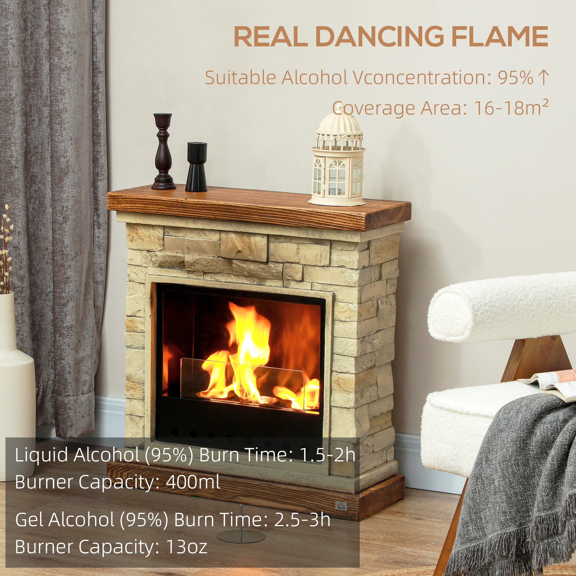 HOMCOM Bioethanol Fire Heater, with Brickwork-Effect Mantelpiece - Brown