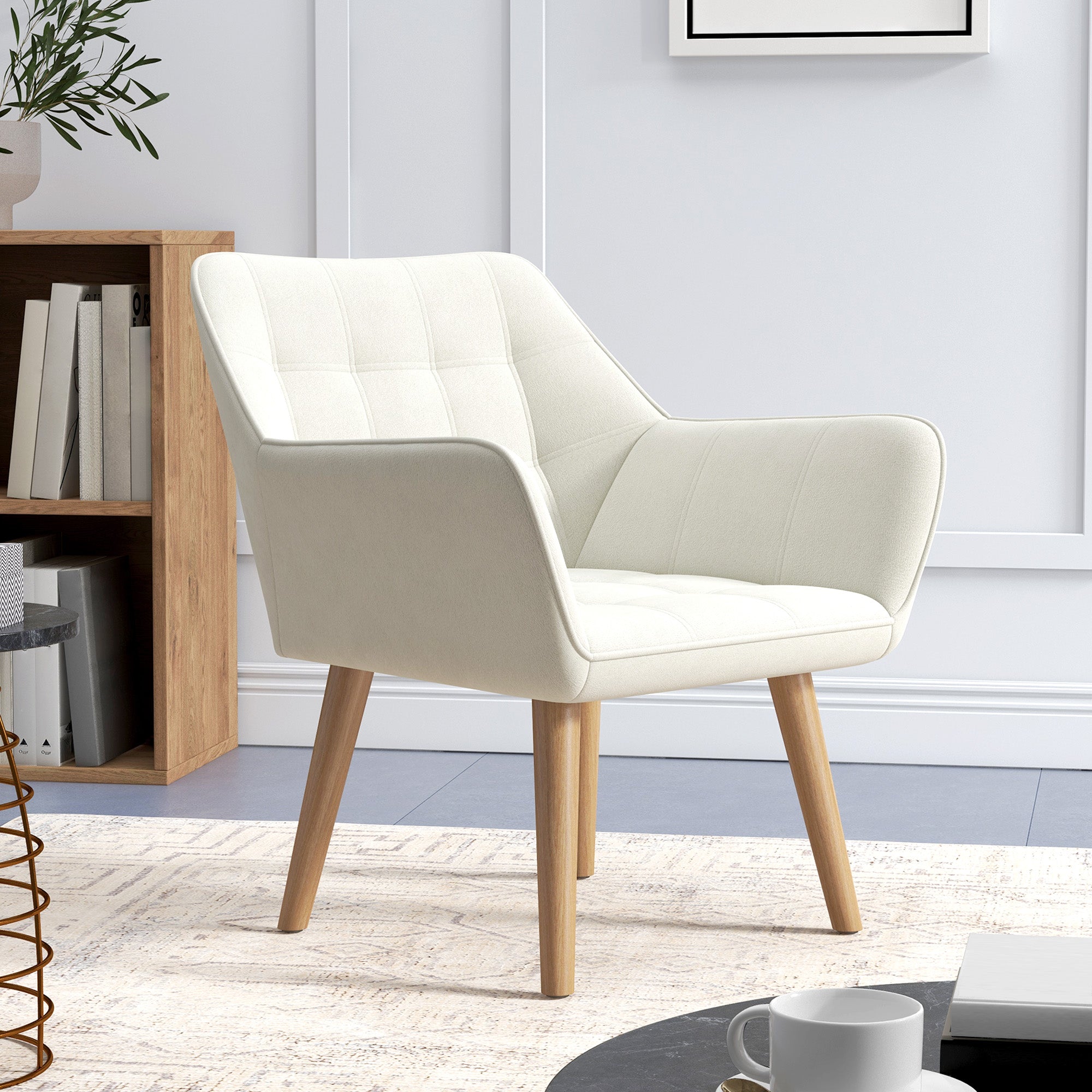 HOMCOM Accent Chair, Arm Chair with Wide Arms, Slanted Back, Thick Padding and Rubber Wooden Legs for Living Room, Cream White