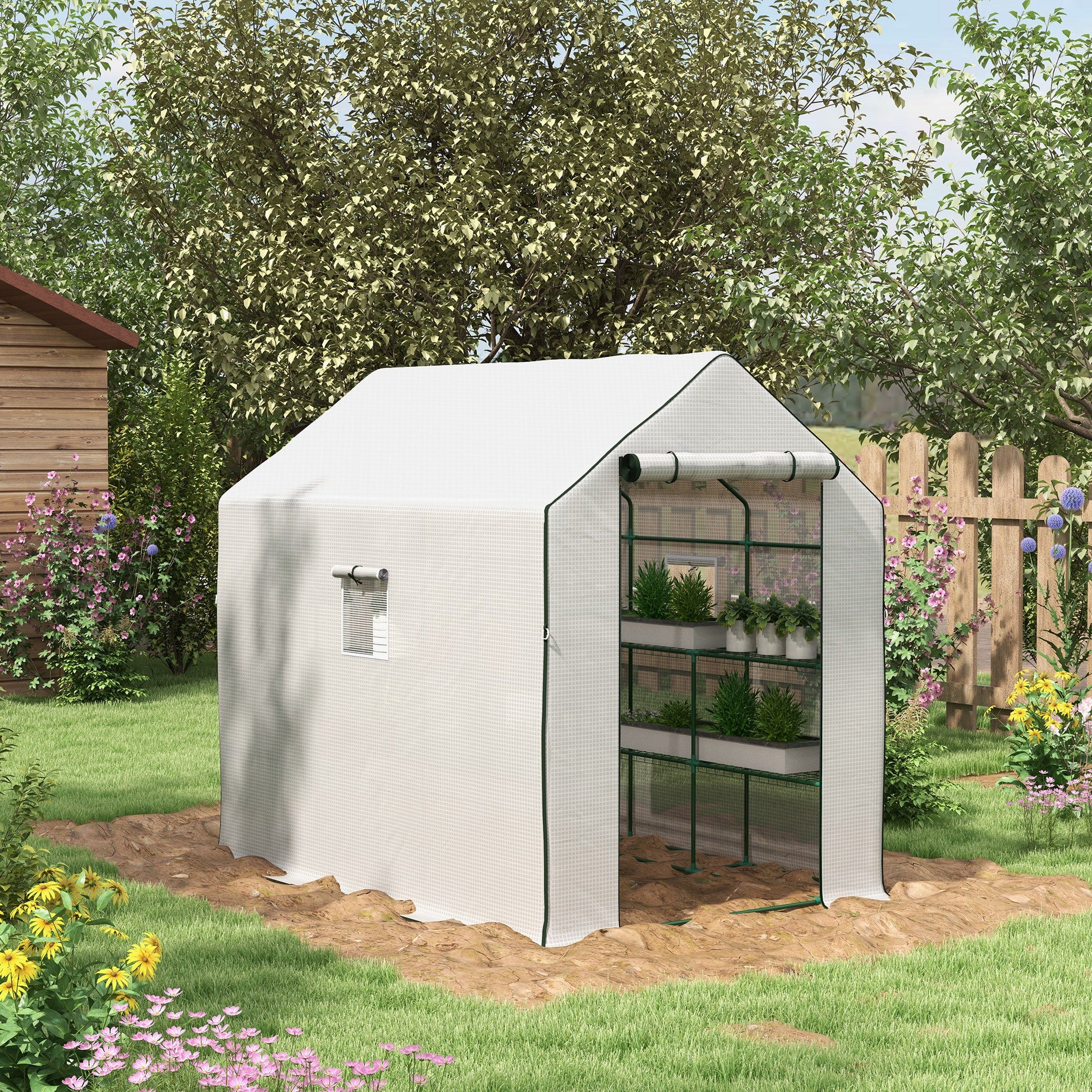 Outsunny Walk-in Greenhouse with PE Cover, 3 Tier Shelves, Roll-up Door & Mesh Windows, 140 x 213 x 190cm, White | Aosom UK