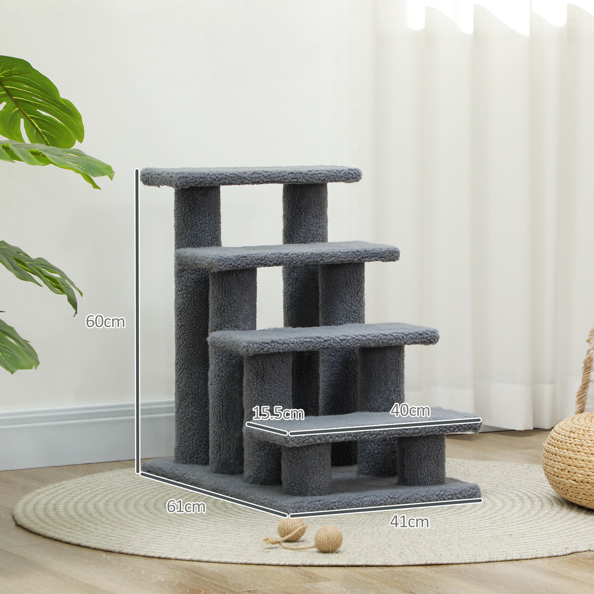 PawHut Dog Steps for Bed 4 Step Pet Stairs for Sofa Dog Cat Climb Ladder 63x43x60 cm Grey - North Peak Garden Furniture