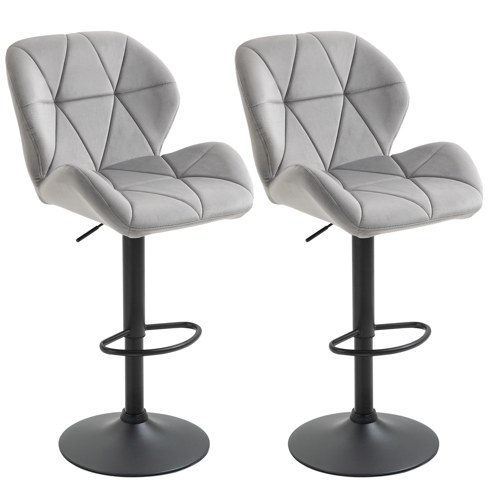 HOMCOM Adjustable Bar Stools Set of 2, Armless Upholstered Swivel Counter Chairs, Barstools with Back, Footrest, Light Grey - North Peak Garden Furniture