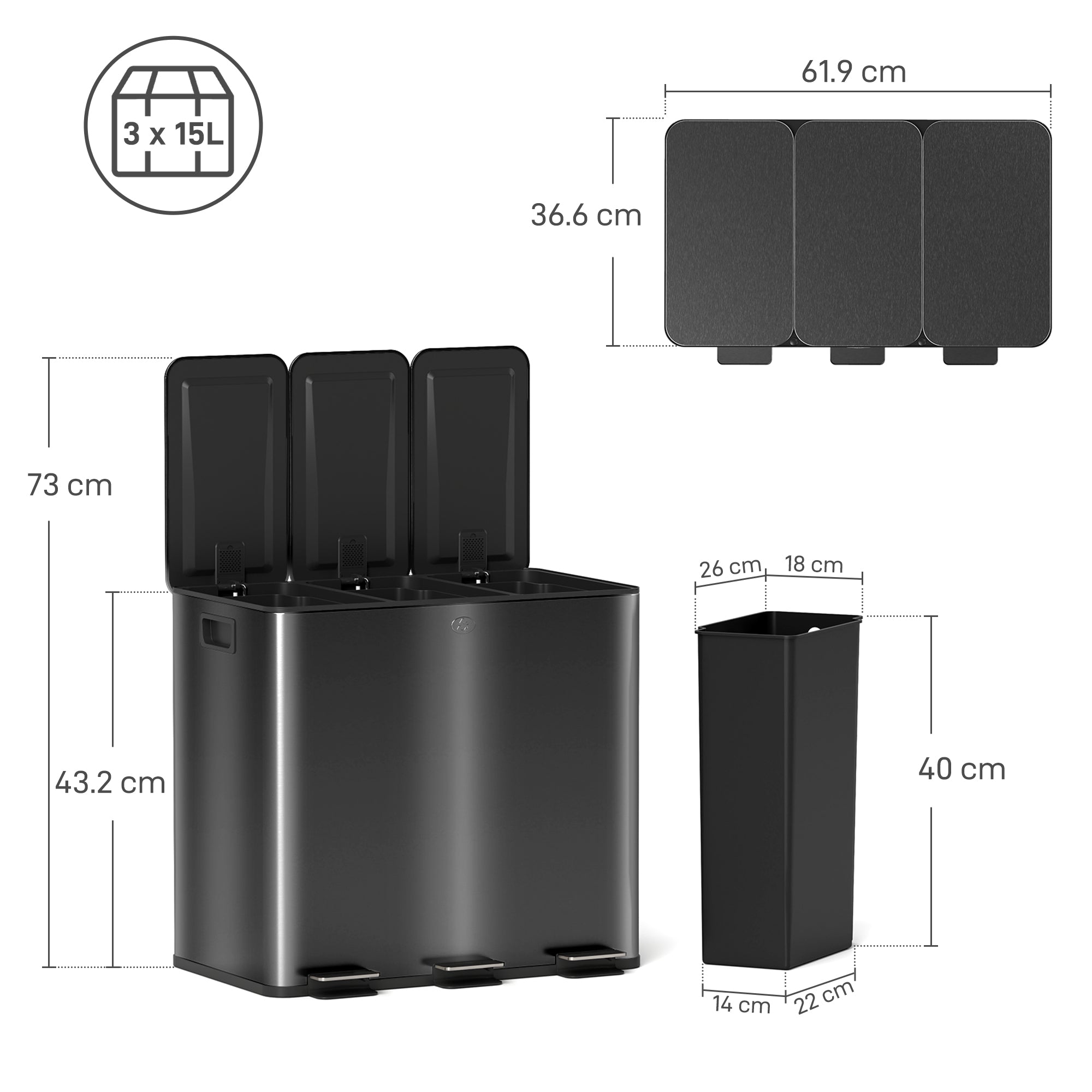 HOMCOM 3 x 15L Pedal Bin, Steel Triple Kitchen Bin with Soft Close Lid, Removable Inner Buckets, Fingerprint-Proof, Black - North Peak Garden Furniture