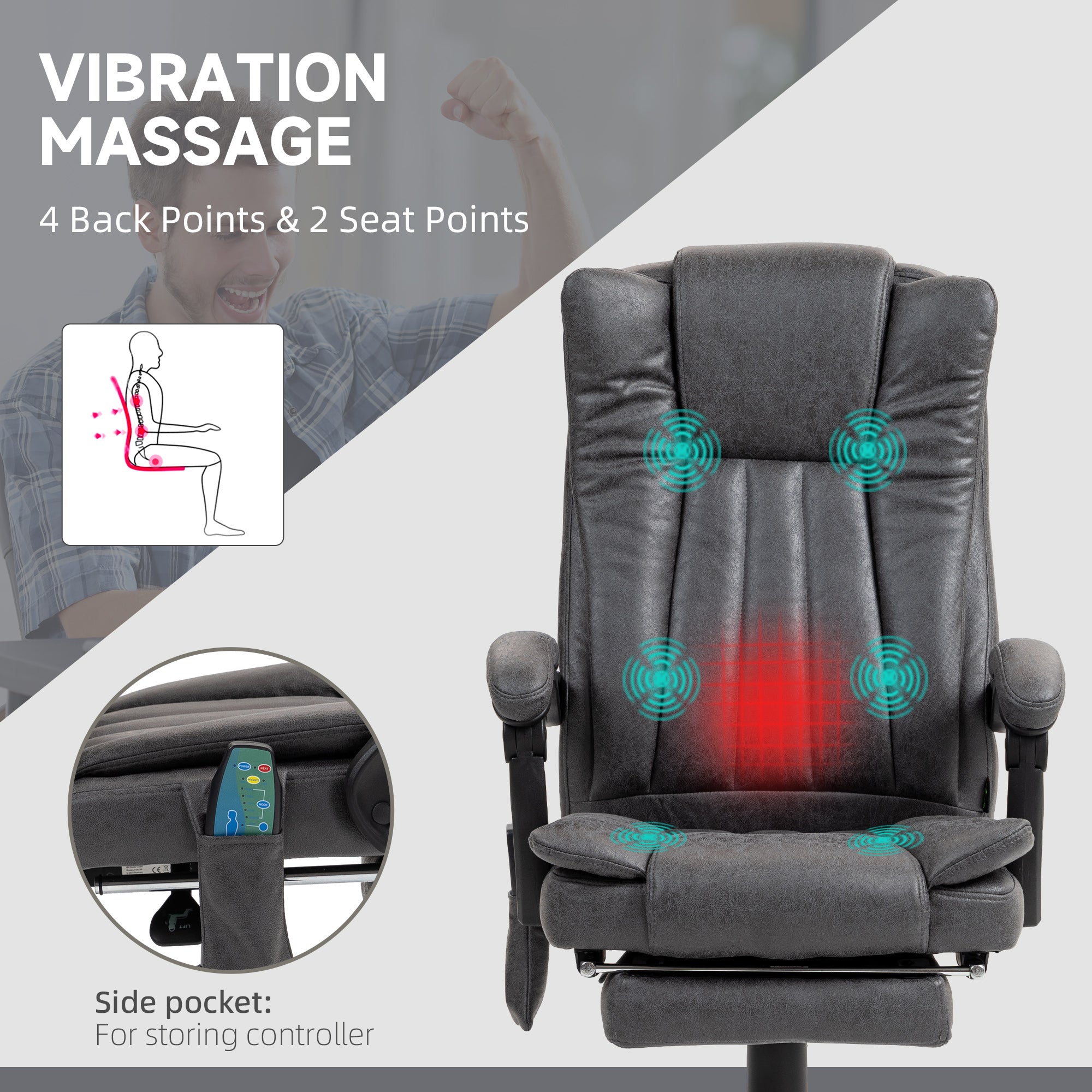 Vinsetto Six-Point Massage Chair, with Heat and Footrest - Dark Grey - North Peak Garden Furniture