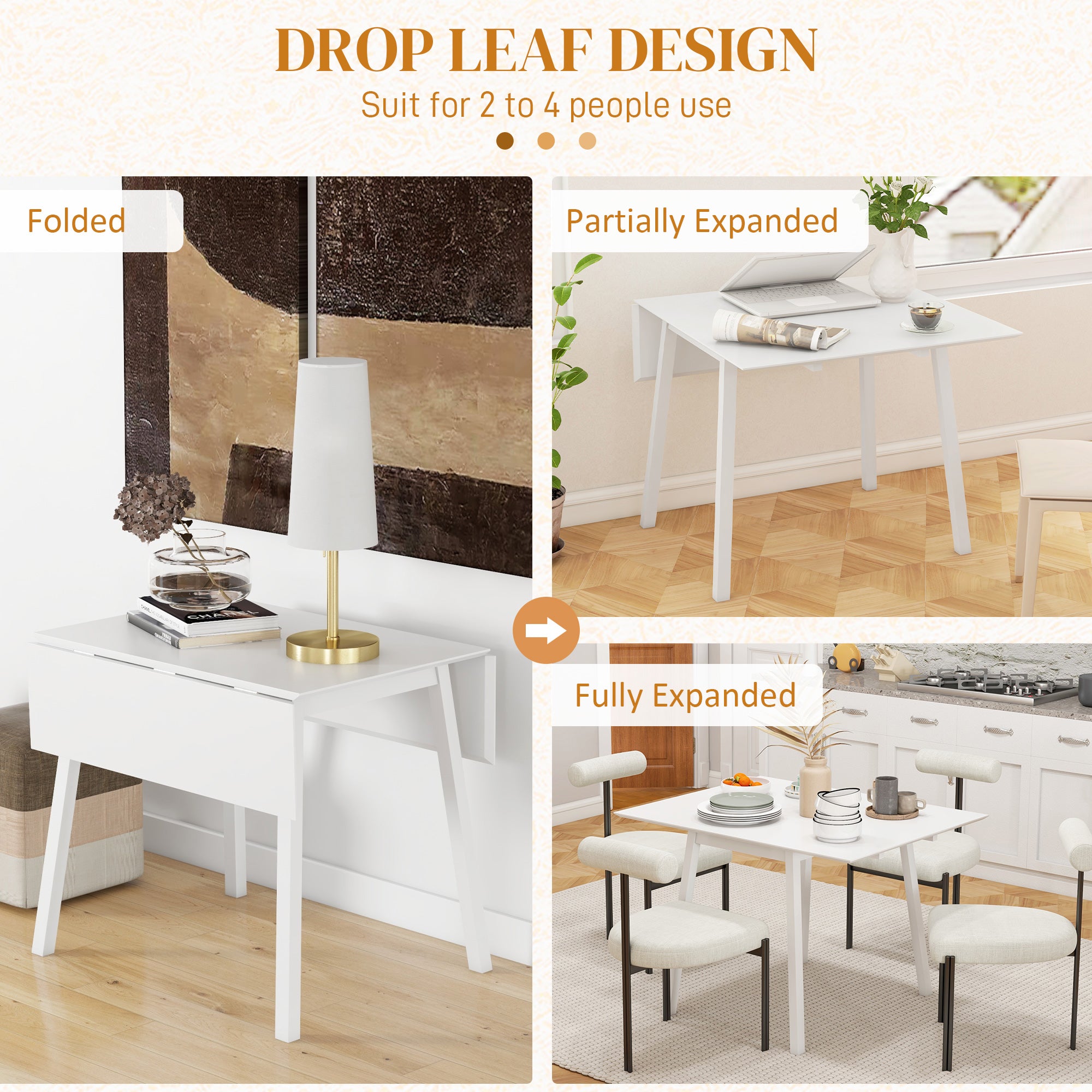 HOMCOM Solid Wood Folding Dining Table, Drop Leaf Table for 2-4 People, Rectangle Kitchen Table for Small Space, White - North Peak Garden Furniture