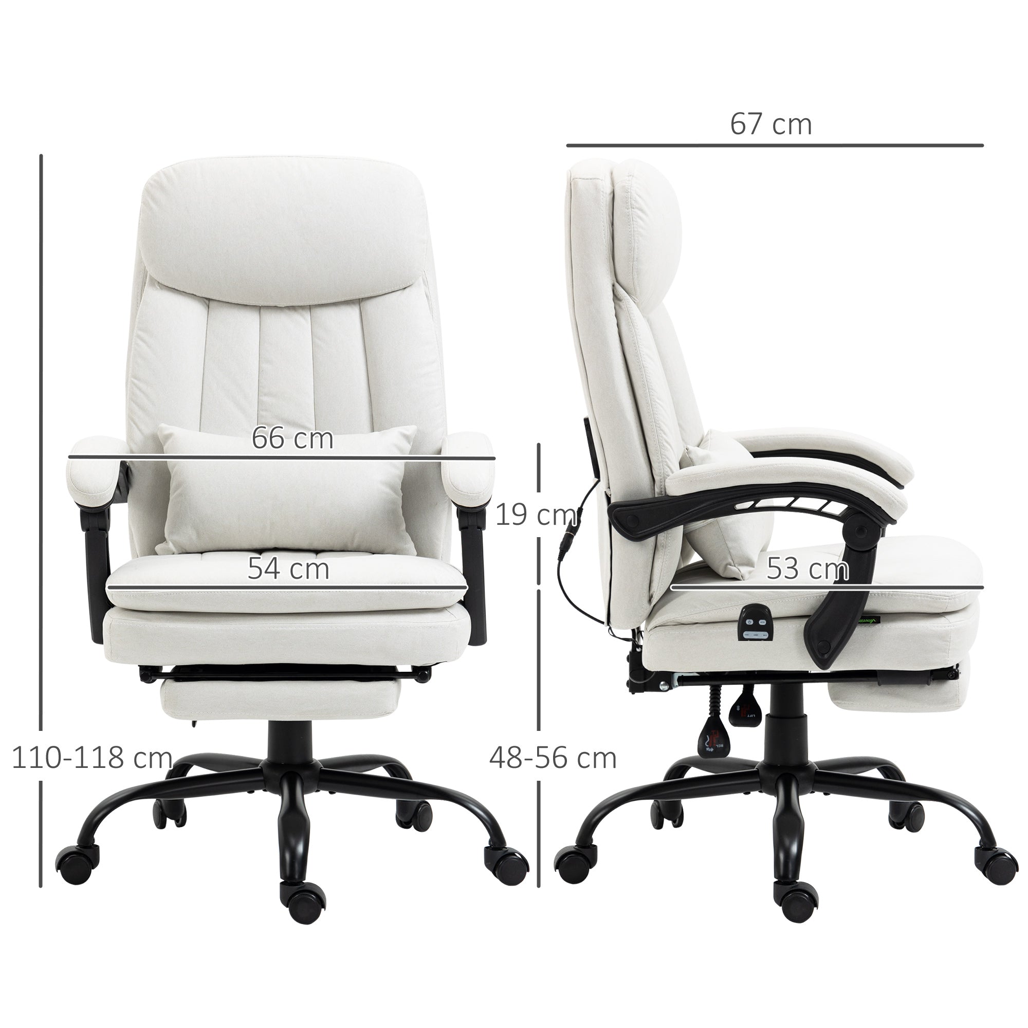 Vinsetto Office Chair, Ergonomic Desk Chair with 6-Point Vibration Massage and Lumbar Heating, Computer Chair with Lumbar Support Pillow, 155° Reclining Back and Footrest, Cream White - North Peak Garden Furniture