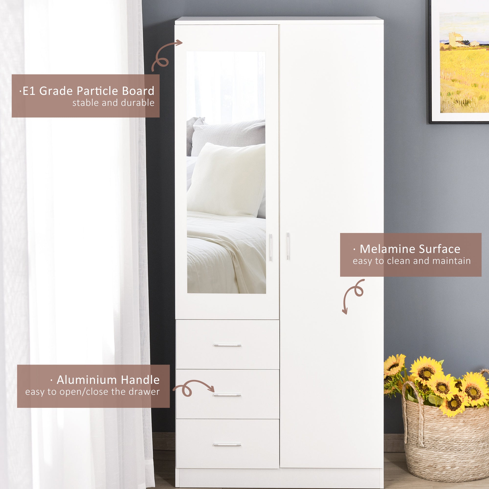 HOMCOM Modern Mirror Wardrobe 2 Door Storage Cupboards Home Storage Organisation Furniture with Adjustable Shelf, Hanging Rail and 3 Drawers, 180cm, White - North Peak Garden Furniture