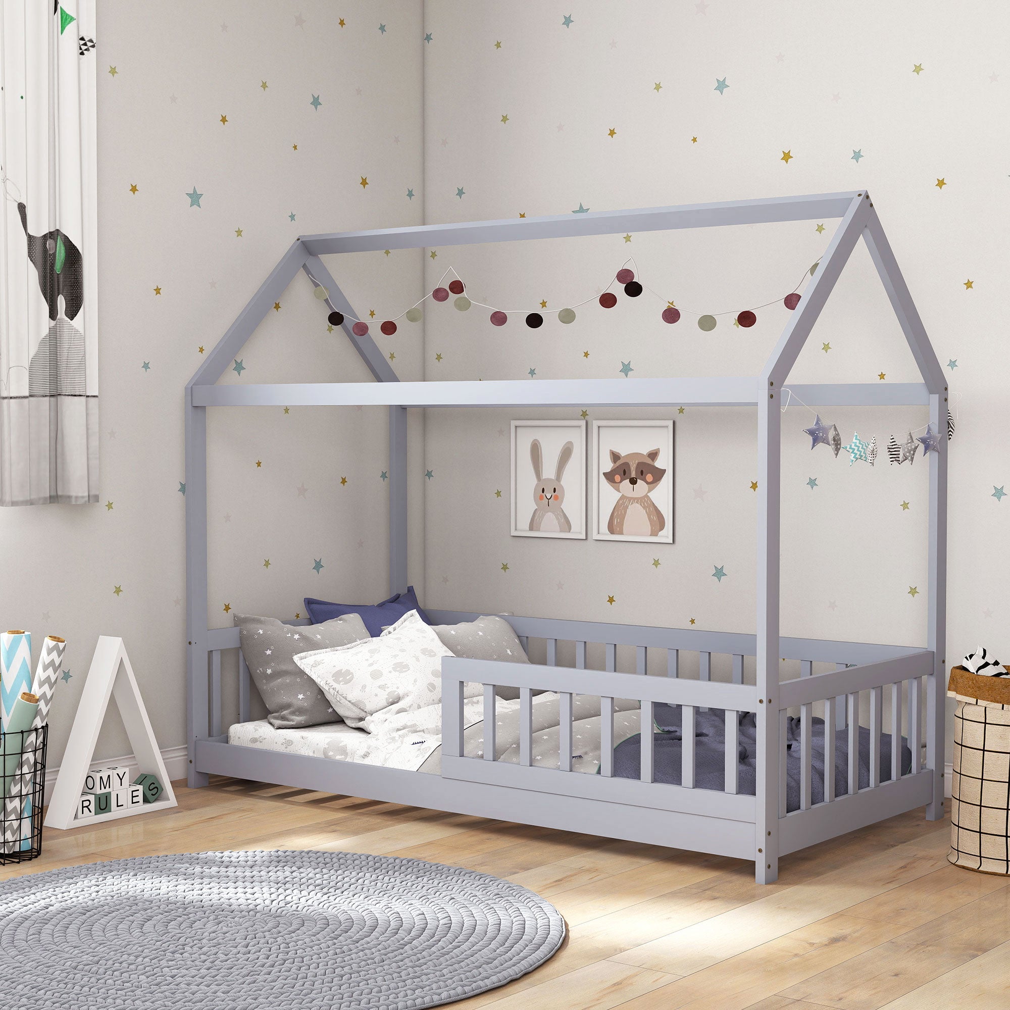 HOMCOM House-Shaped Kids Bed Frame with Guard Rails, Solid Pine Wood Single Bed Frame for Kids Boys and Girls, Grey