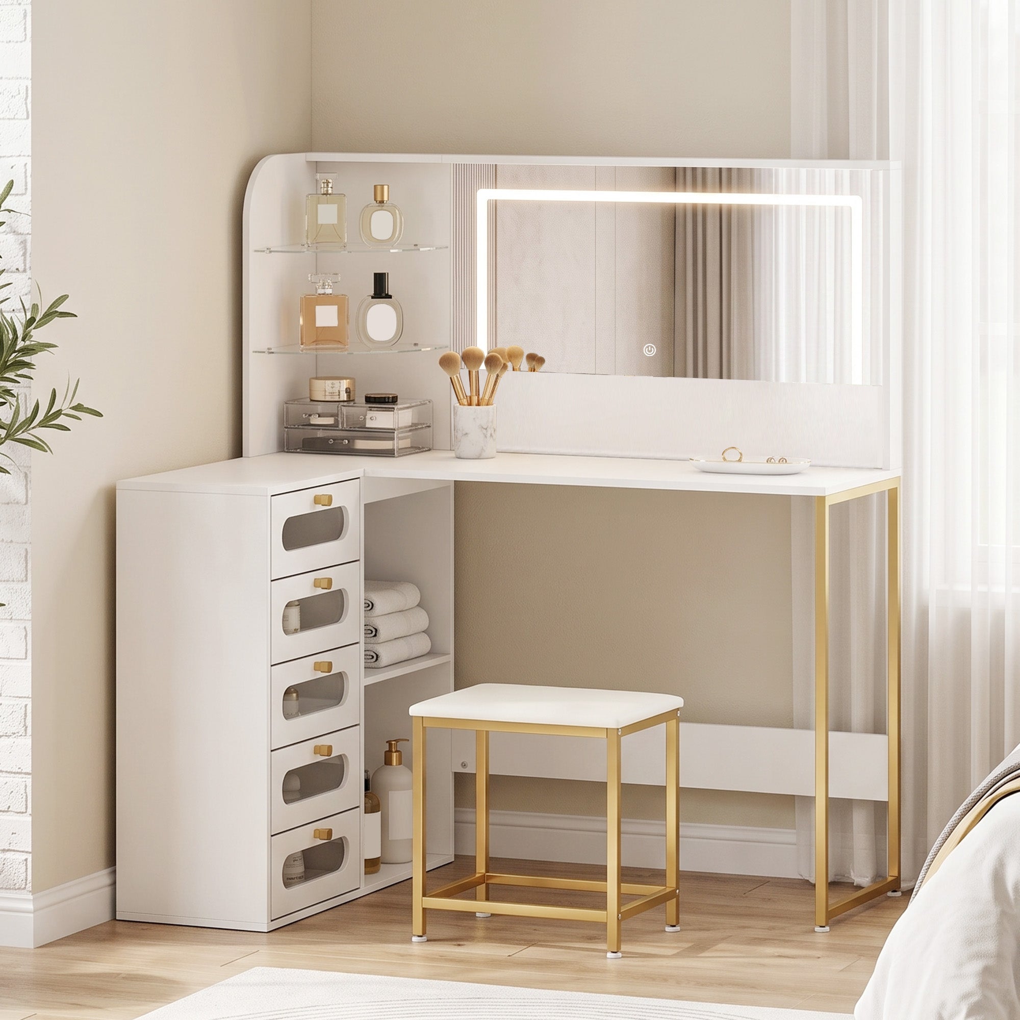 HOMCOM Dressing Table with LED Mirror and Stool, L-Shaped Vanity Desk with Drawers and Shelves, White
