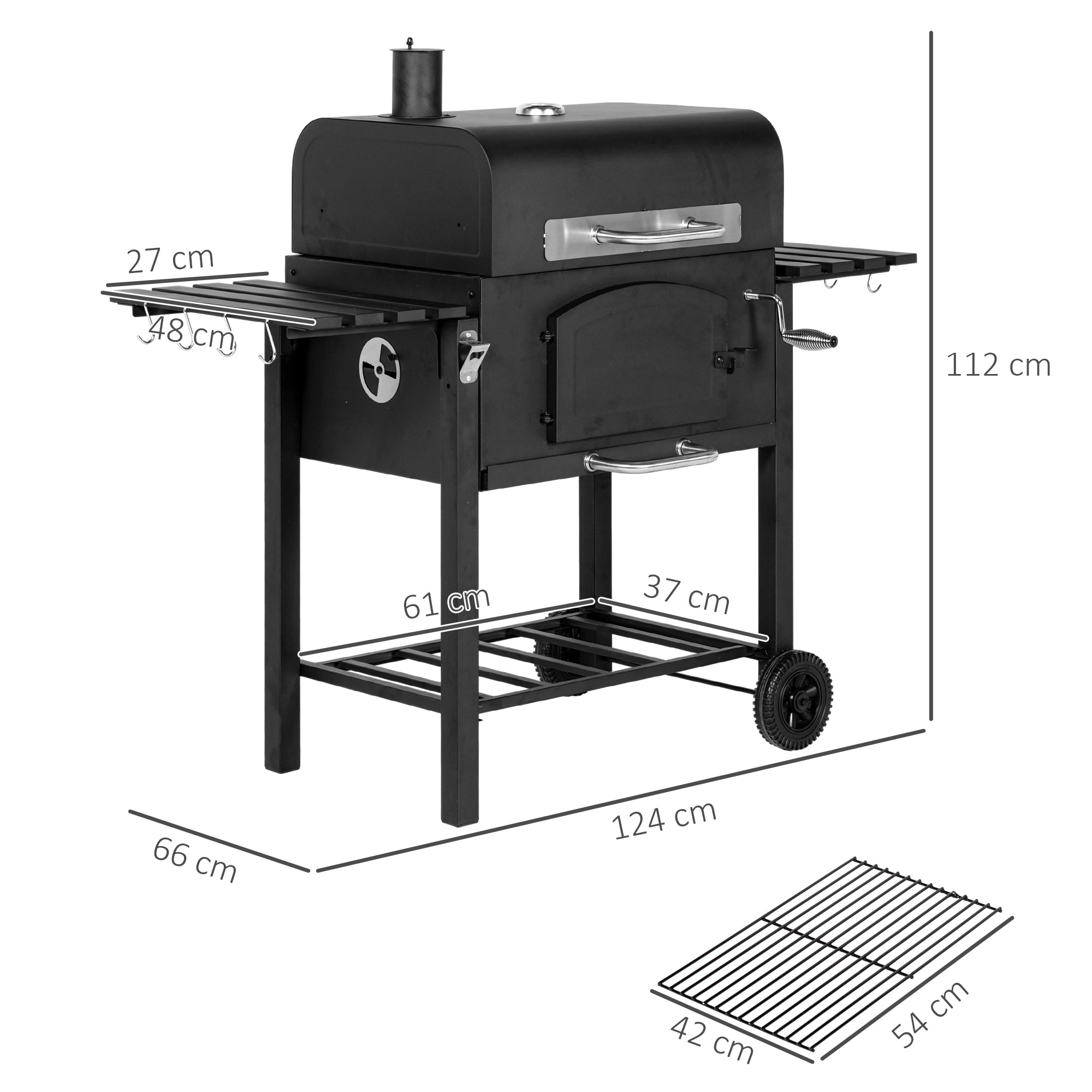 Outsunny Charcoal Barbecue Grill Trolley Garden Smoker with Shelves, Adjustable Height, Thermometer on Lid, Opener and Wheels - North Peak Garden Furniture