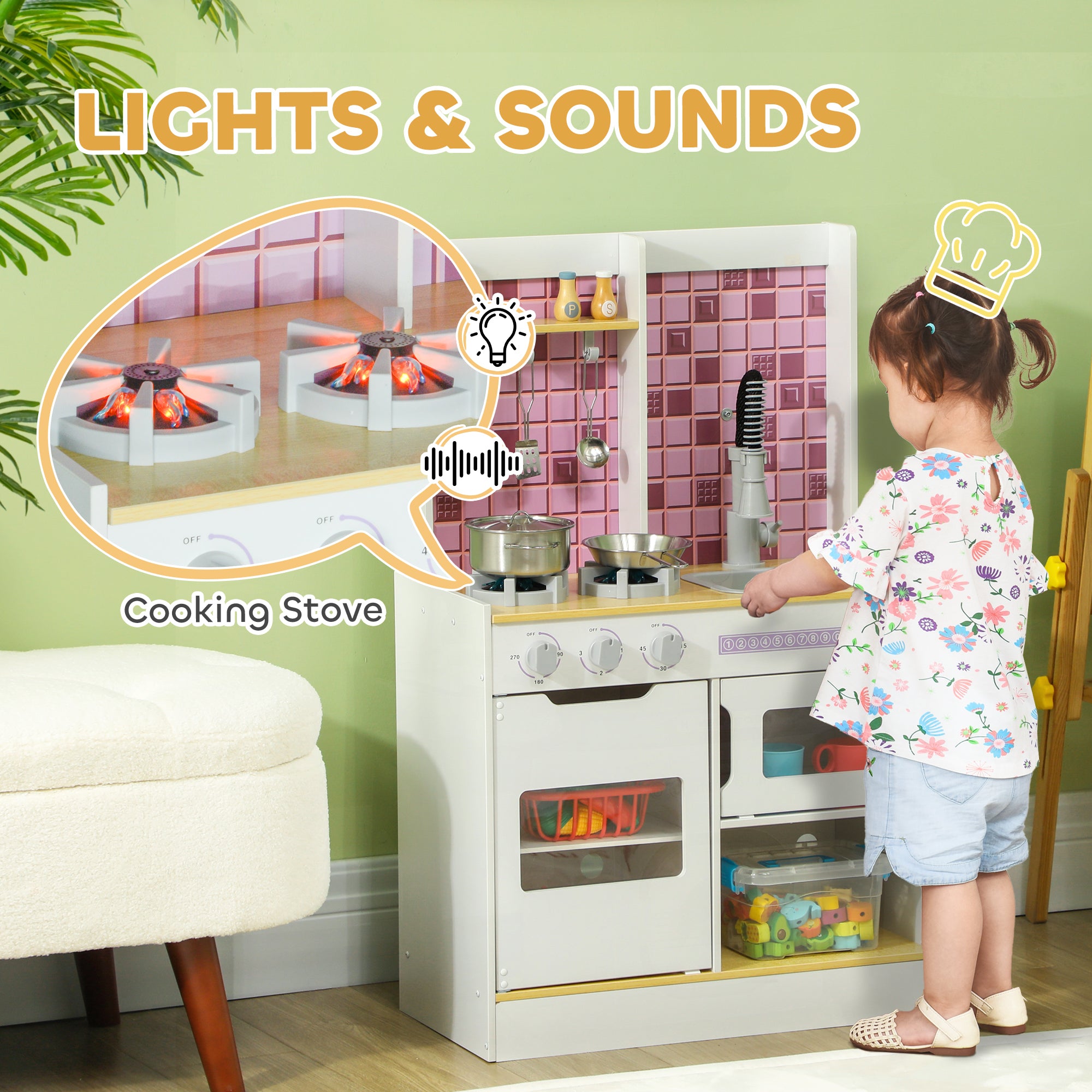 AIYAPLAY Kids Play Kitchen, Pretend Play Kitchen with Realistic Oven, Stove, Sink, Kitchen Accessories, White - North Peak Garden Furniture