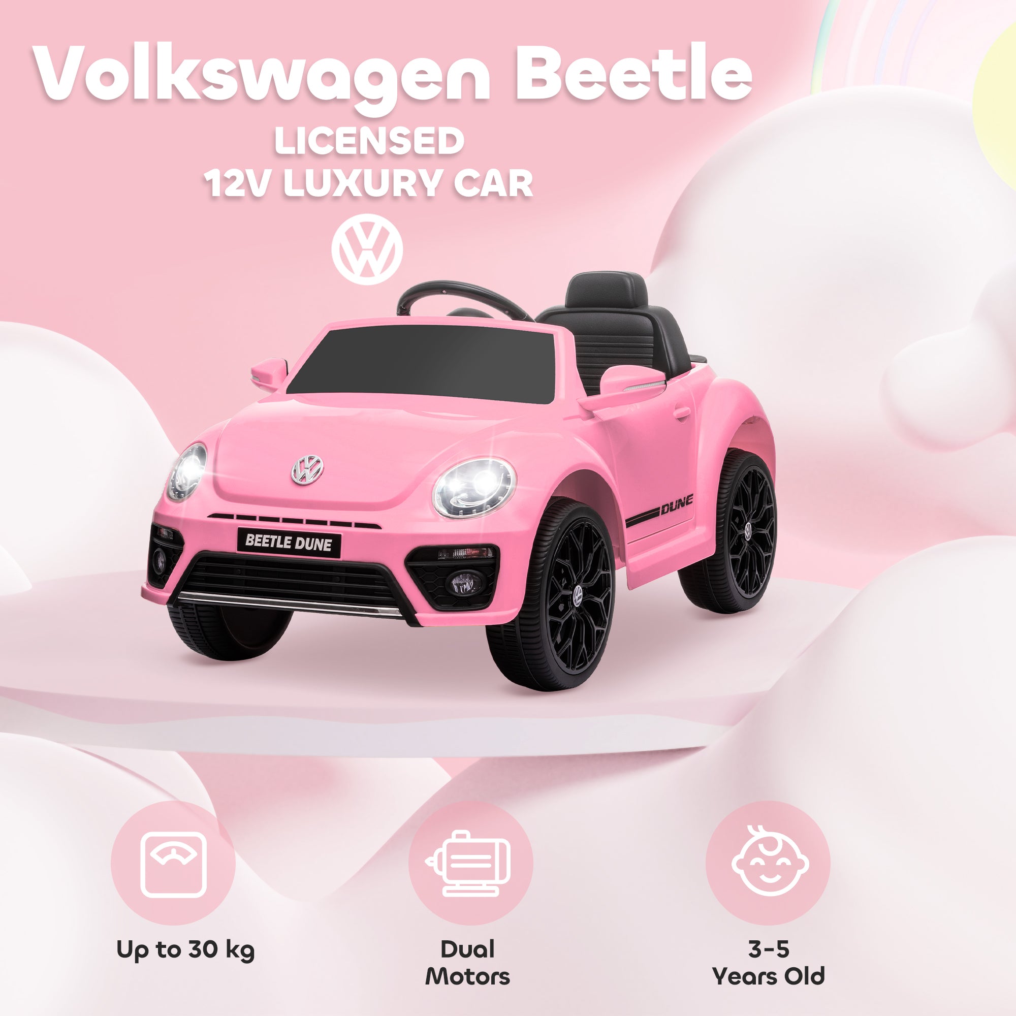 AIYAPLAY Volkswagen Beetle Licensed 12V Ride on Car w/ Remote Control, Suspension Wheels, Soft Start, Lights, Music, Pink - North Peak Garden Furniture