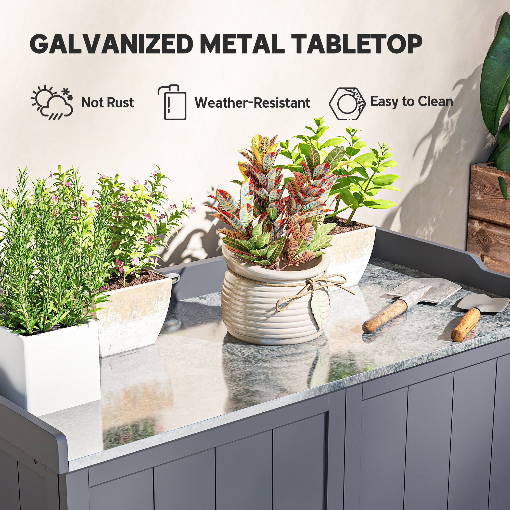 Outsunny Garden Storage Cabinet, Outdoor Tool Shed, Potting Bench Table with Galvanized Top and Two Shelves for Yard Tools or Pool Accessories, Grey