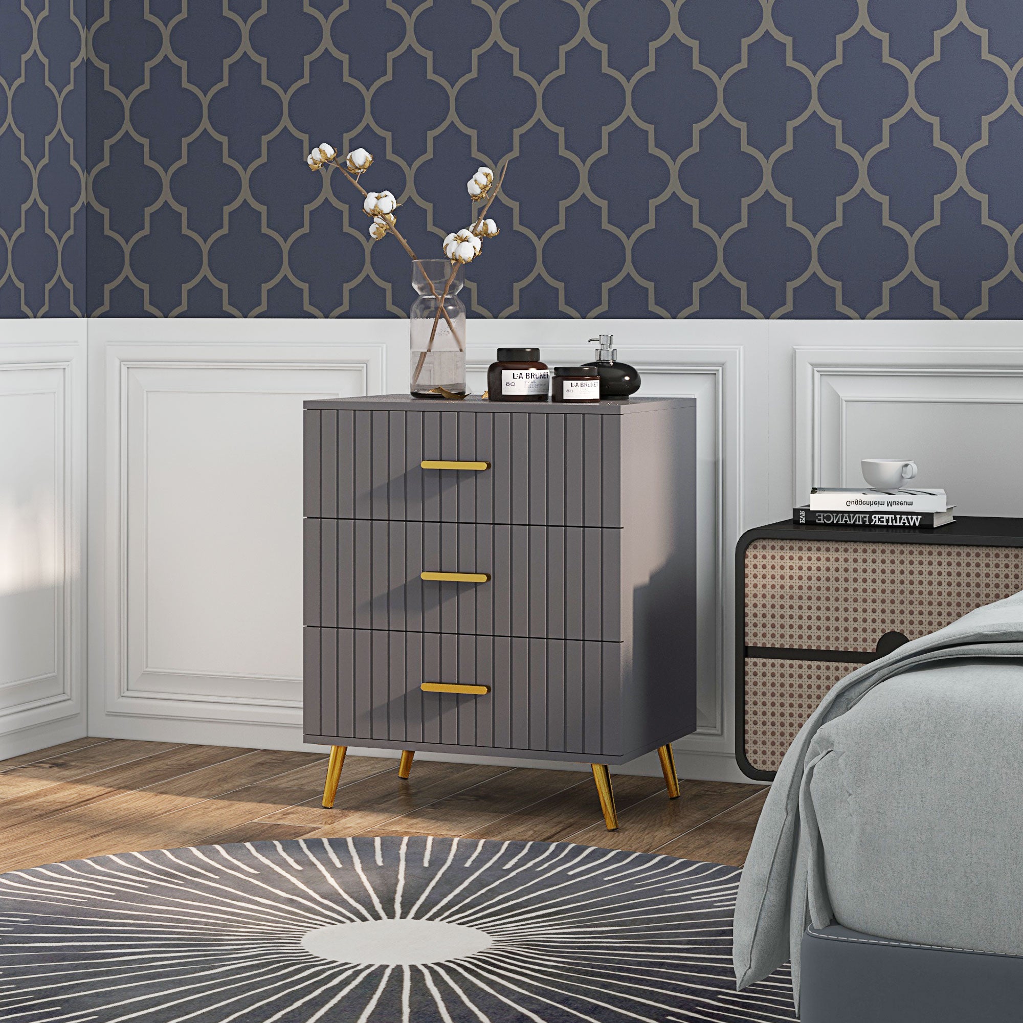 HOMCOM Three Drawer Embossed Line Dresser - Grey/Gold Tone