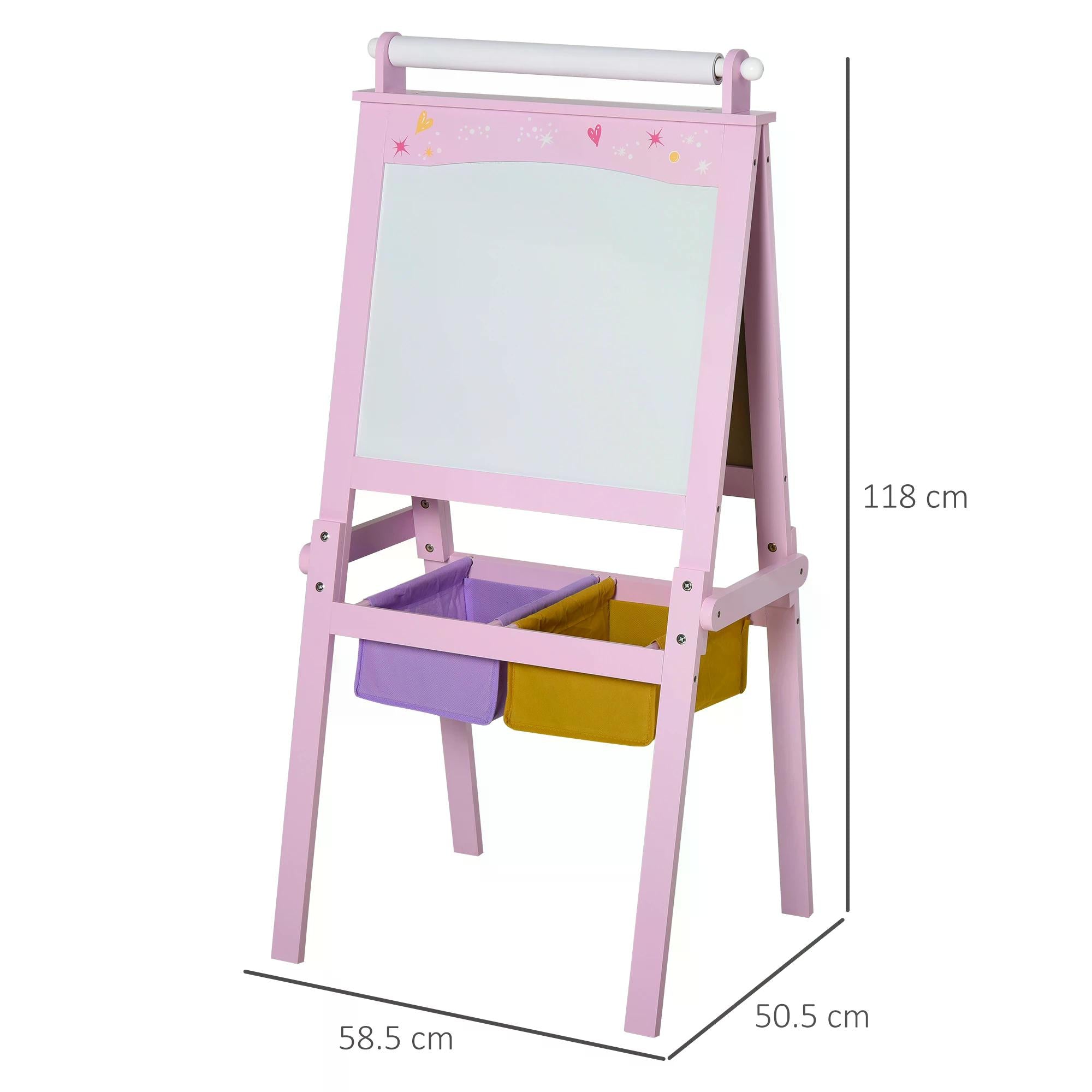 HOMCOM Kids Easel 3 in 1 Wooden Art Easel with Paper Roll Double-Sided Chalkboard & Whiteboard with Storage Baskets for Toddler Girls, Pink