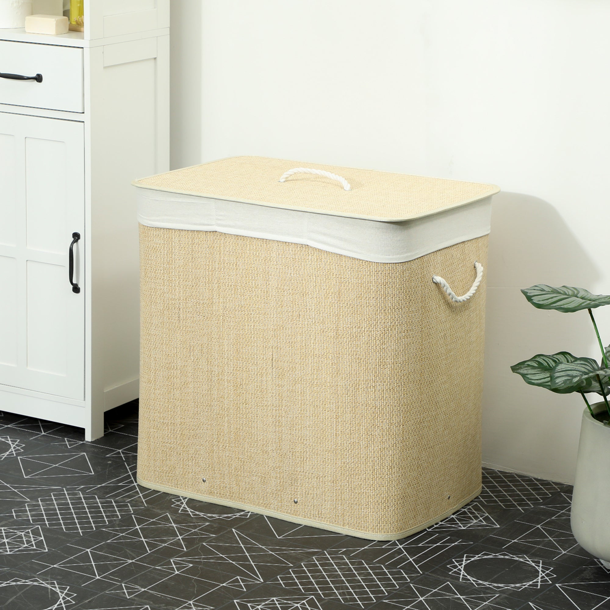 HOMCOM 3 Section Laundry Basket with Lid, 144L Bamboo Laundry Hamper with Handles, Removable and Washable Liner, Cream White