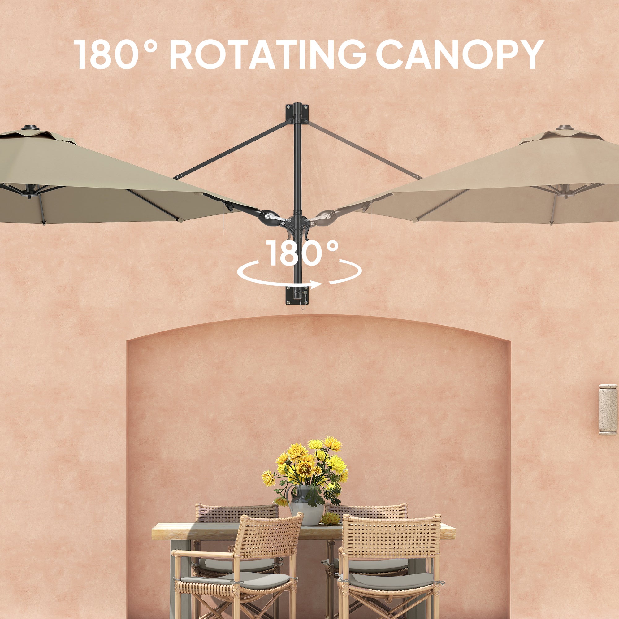 Outsunny 3(m) Wall-Mounted Parasol Shade, with Handle - Khaki - North Peak Garden Furniture