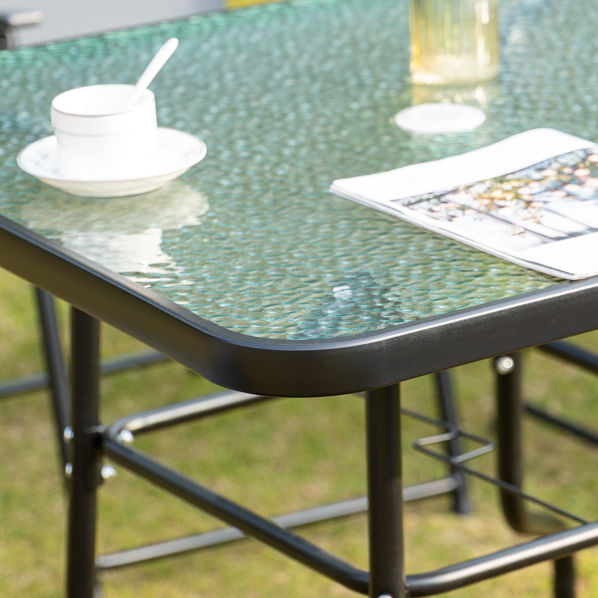 Outsunny 5 Piece Garden Dining Set Outdoor Dining Furniture 4 Folding Chairs, Glass Top Table with Parasol Hole, Texteline Seats, Black - North Peak Garden Furniture