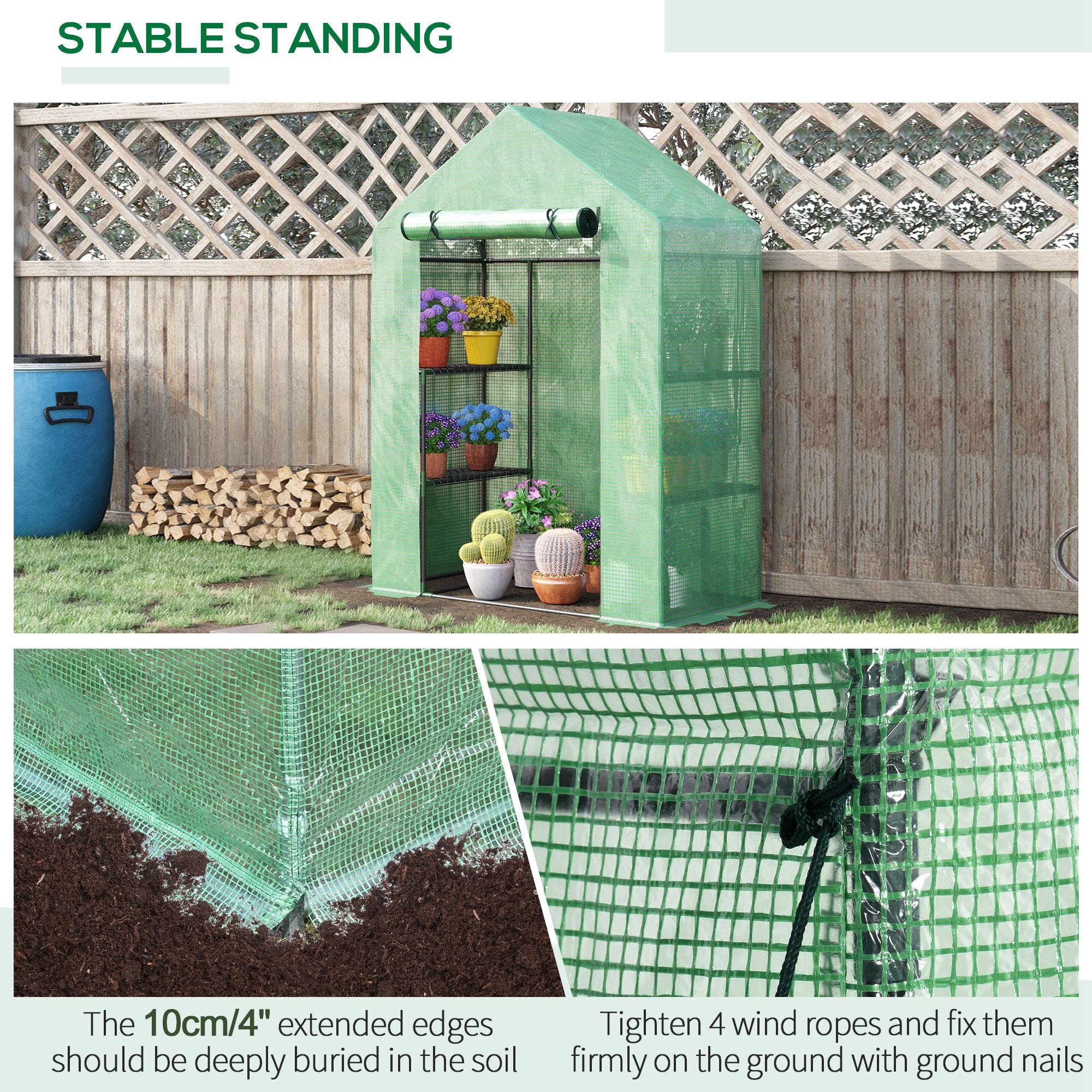 Outsunny Walk In Greenhouse for Outdoor, Portable Gardening Plant Grow House with 2 Tier Shelf, Roll-Up Zippered Door, PE Cover, 141 x 72 x 191cm, Green - North Peak Garden Furniture