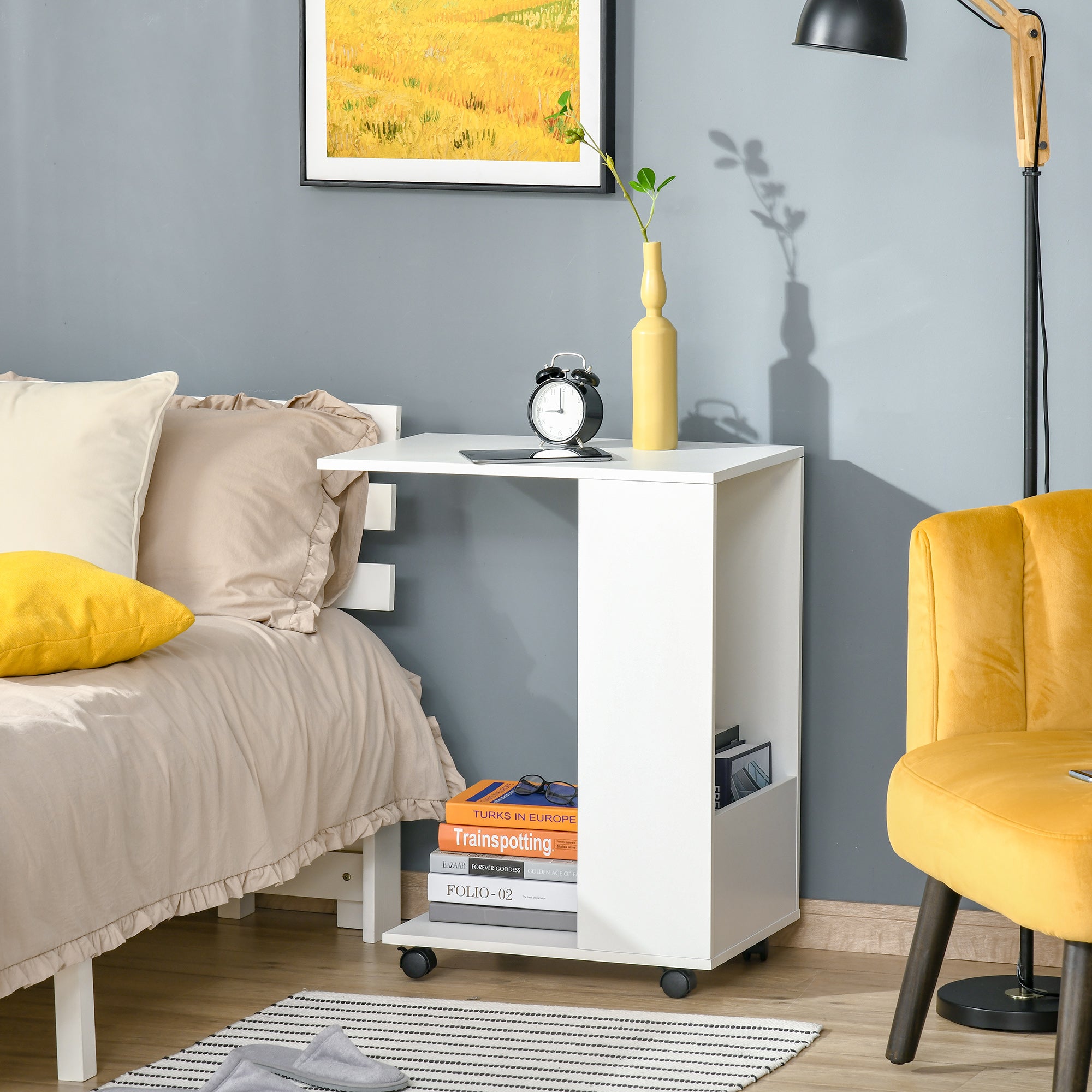 HOMCOM Mobile Sofa Side Table C-Shape End Table with Storage and Casters for Laptop Coffee Snack, White - North Peak Garden Furniture