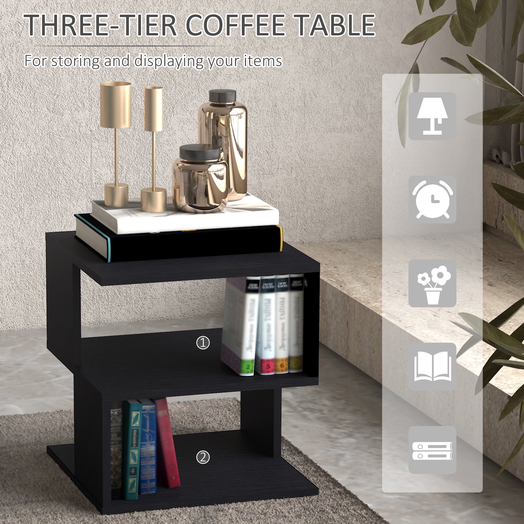 HOMCOM Side Table Square Coffee Table Modern End Table with 2 Tier Storage Shelves for Living Room, Bedroom, Black - North Peak Garden Furniture