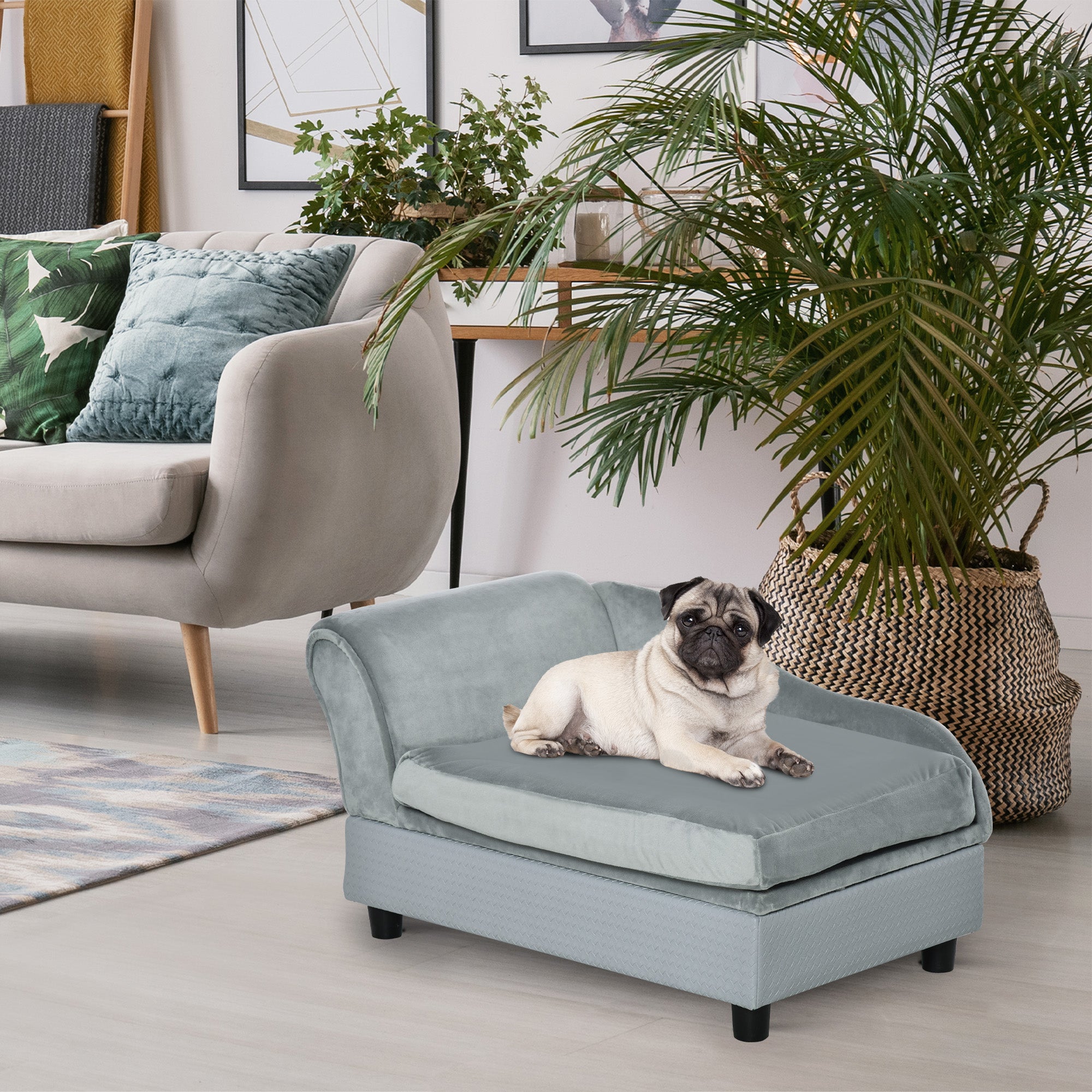 PawHut Pet Sofa Chair, with Storage, Cushion, for Small Dogs, Cats - Light Grey - North Peak Garden Furniture