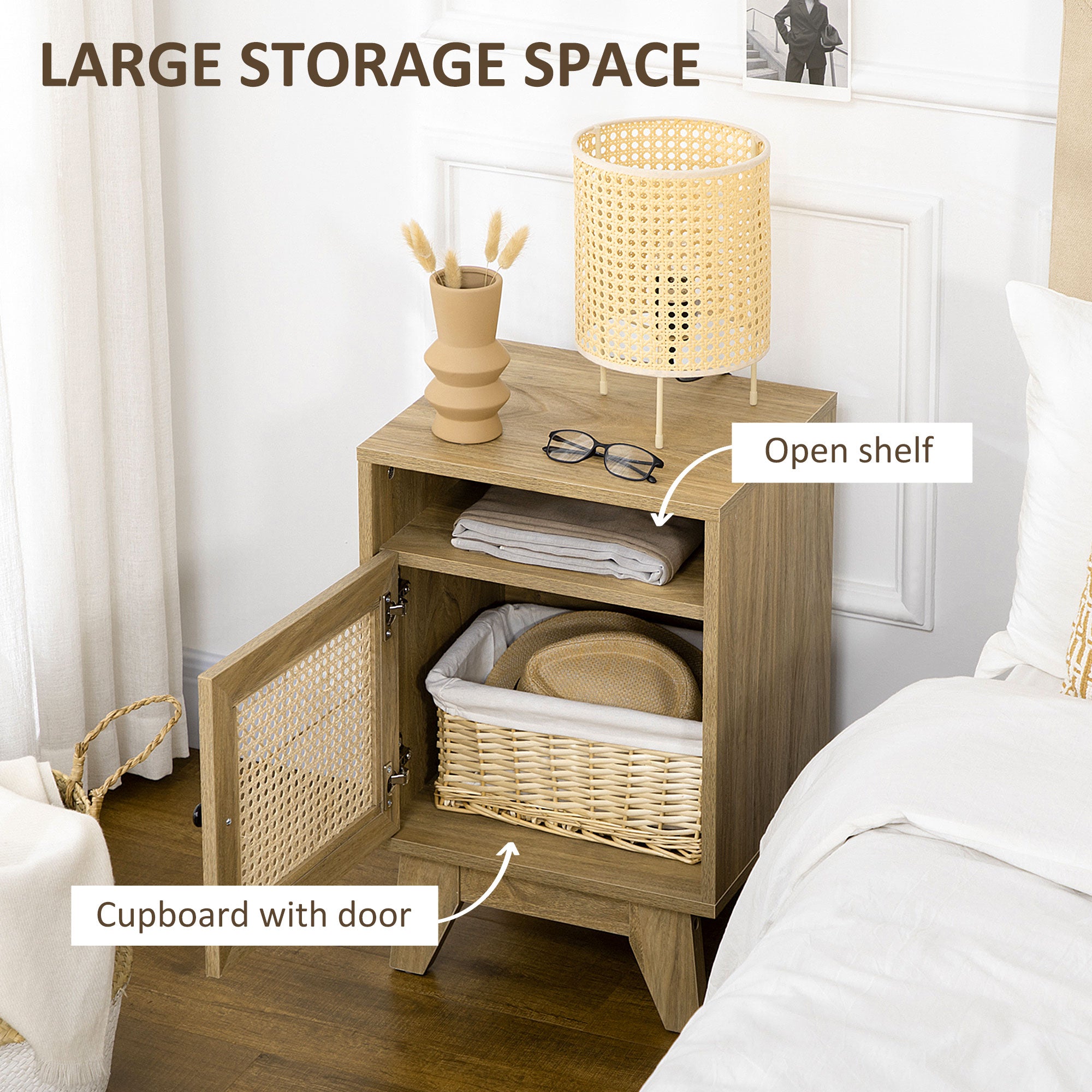 HOMCOM Bedside Table with Rattan Element, Side End Table with Shelf and Cupboard, 39cmx35cmx60cm, Natural - North Peak Garden Furniture