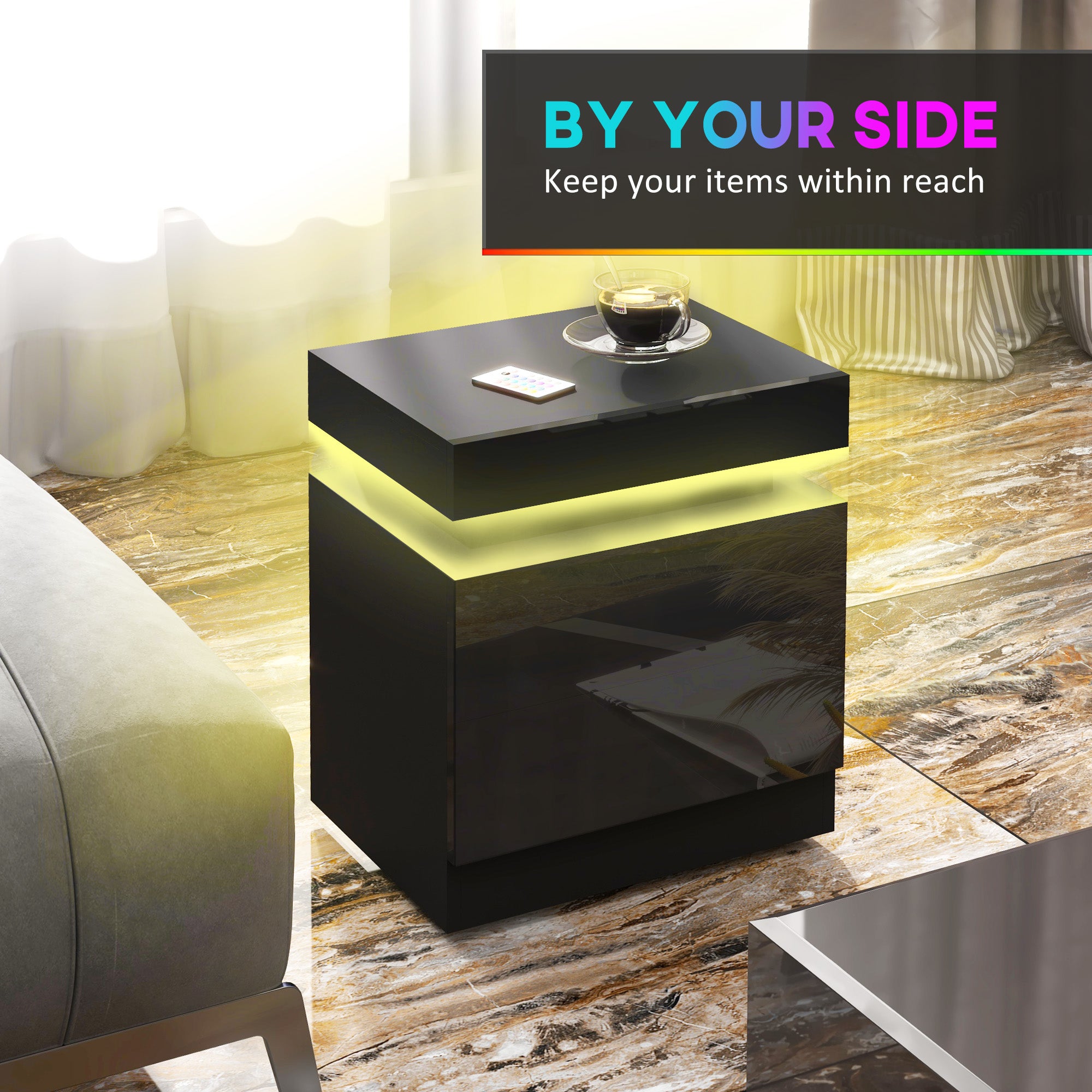 HOMCOM Black Bedside Table with LED Light, High Gloss Front Nightstand with 2 Drawers, for Living Room, Bedroom - North Peak Garden Furniture