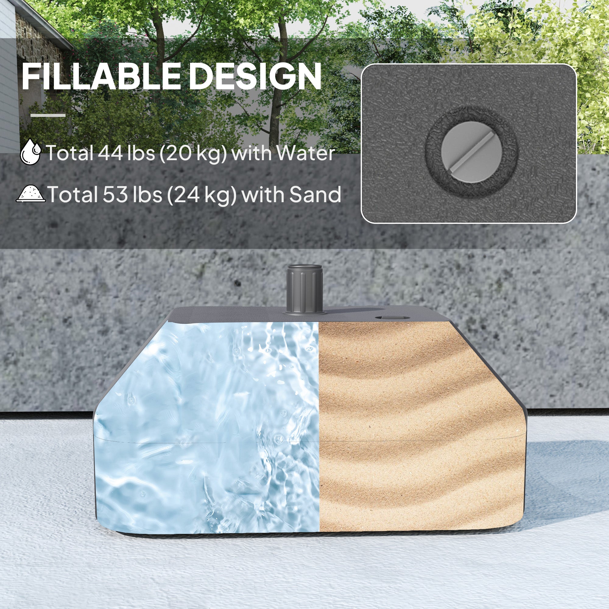 Outsunny Fillable Garden Parasol Base, Heavy Duty Parasol Base Stand Outdoor Umbrella Stand, Filled Up to 24kg with Stand or 20kg with Water, Sun Umbrella Base for 38 mm Poles, Black - North Peak Garden Furniture
